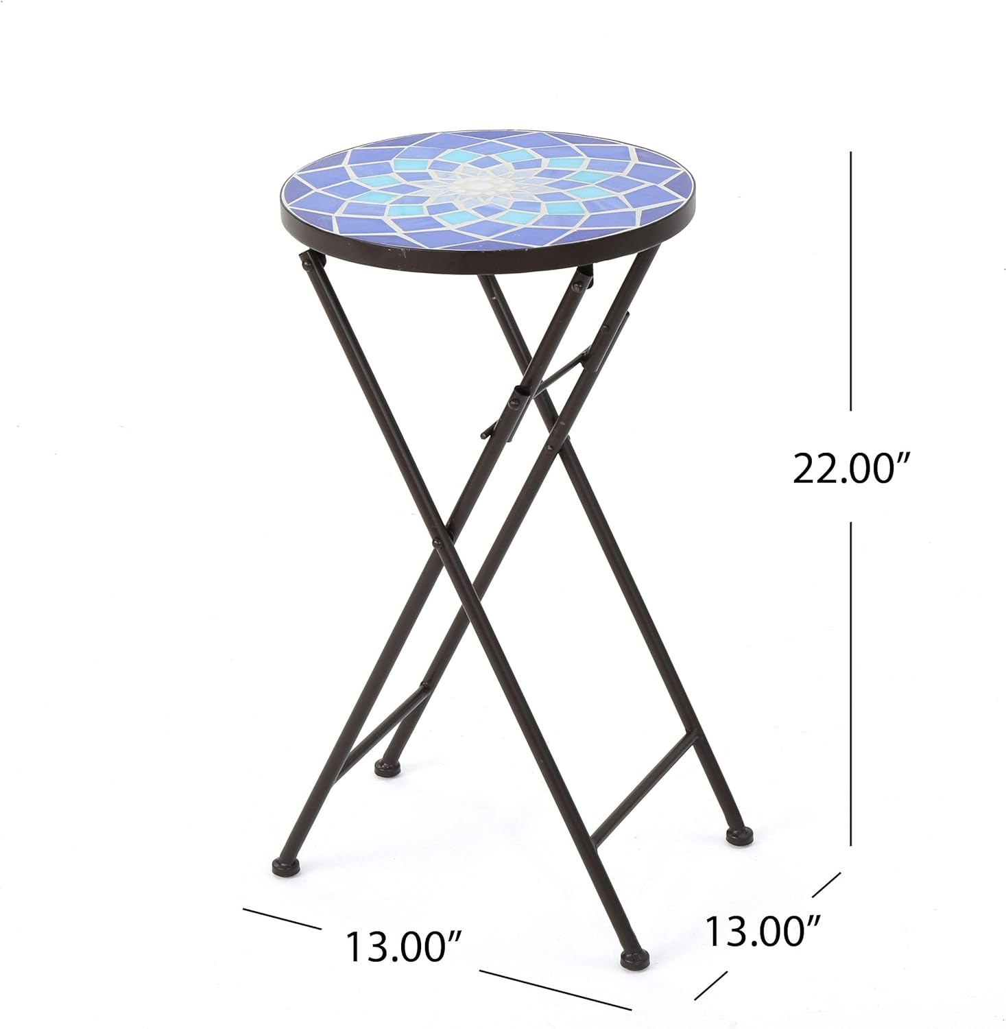 Christopher Knight Home Azure – Mesa auxiliar de cristal para exteriores con marco de hierro, color azul y blanco