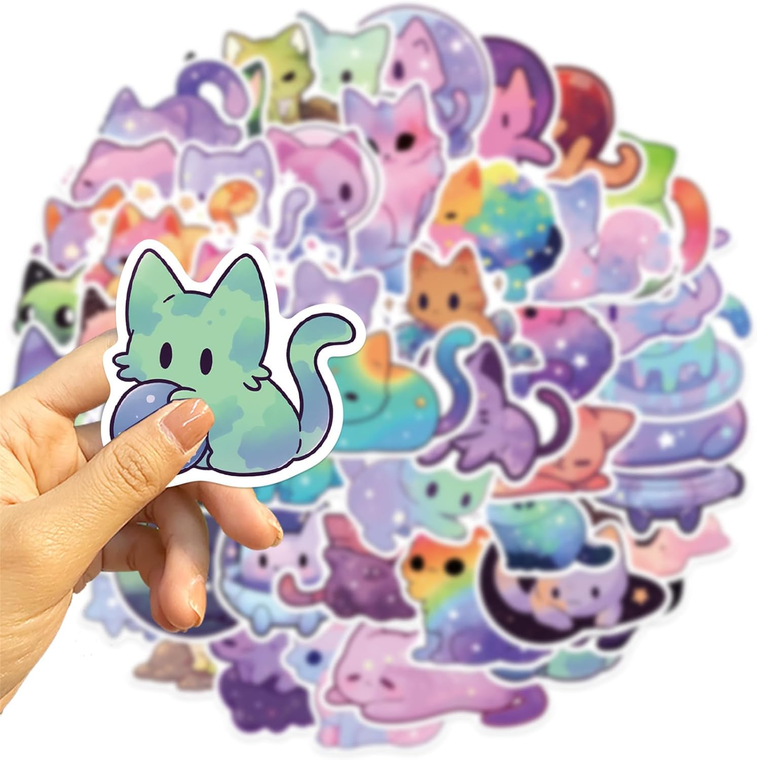 jjlin JJLIN-1 – 50 calcomanías de gato con cielo estrellado, calcomanías de gato de color arcoíris, colección Galaxy para botellas de agua, regalos