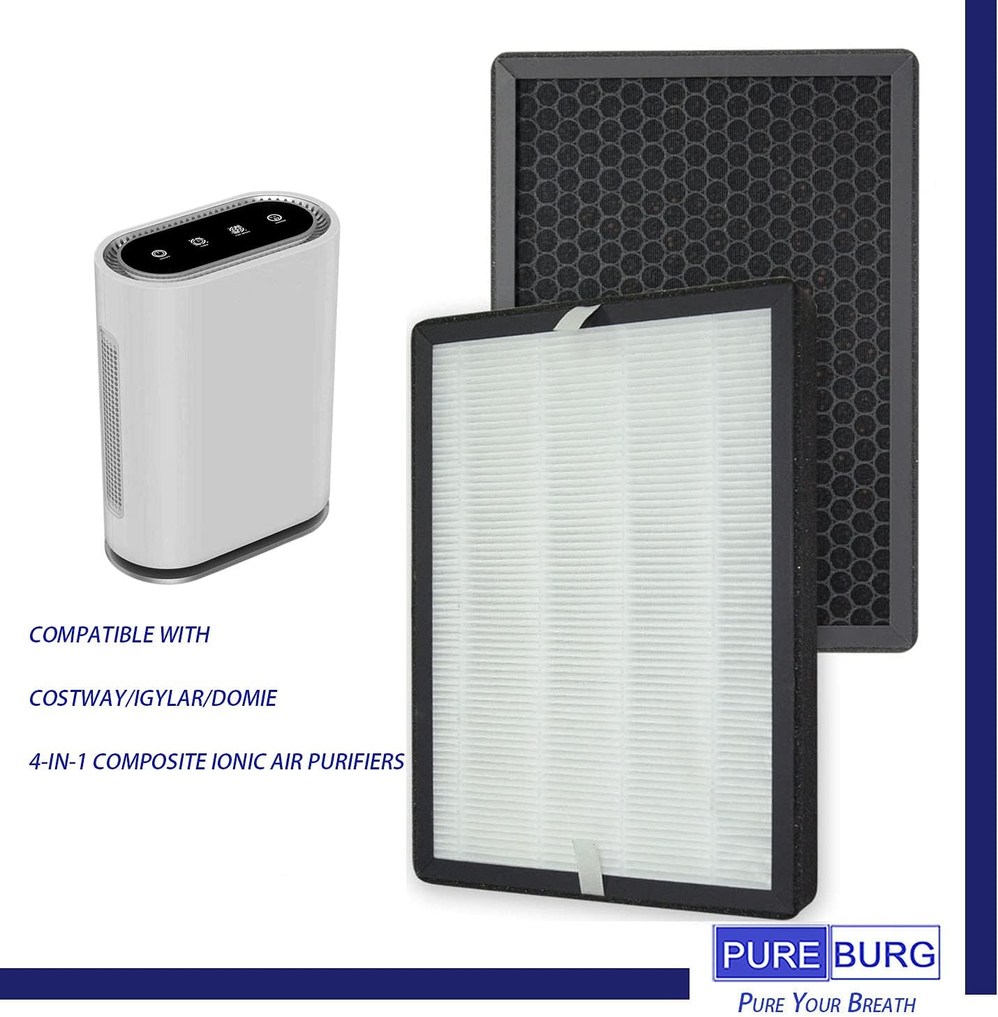 PUREBURG Filtros HEPA de repuesto compatibles con COSTWAY IGYLAR Domie 4 en 1 purificadores de aire iónico compuesto, carbón activado por filtración