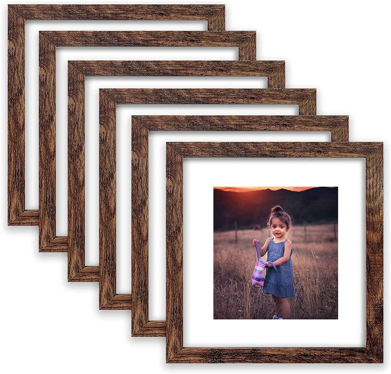 Juego de 6 portarretratos de madera marrón rústica de 8 x 8, para fotos de 5 x 5 con paspartú o de 8 x 8 pulgadas sin paspartú, marcos de fotos