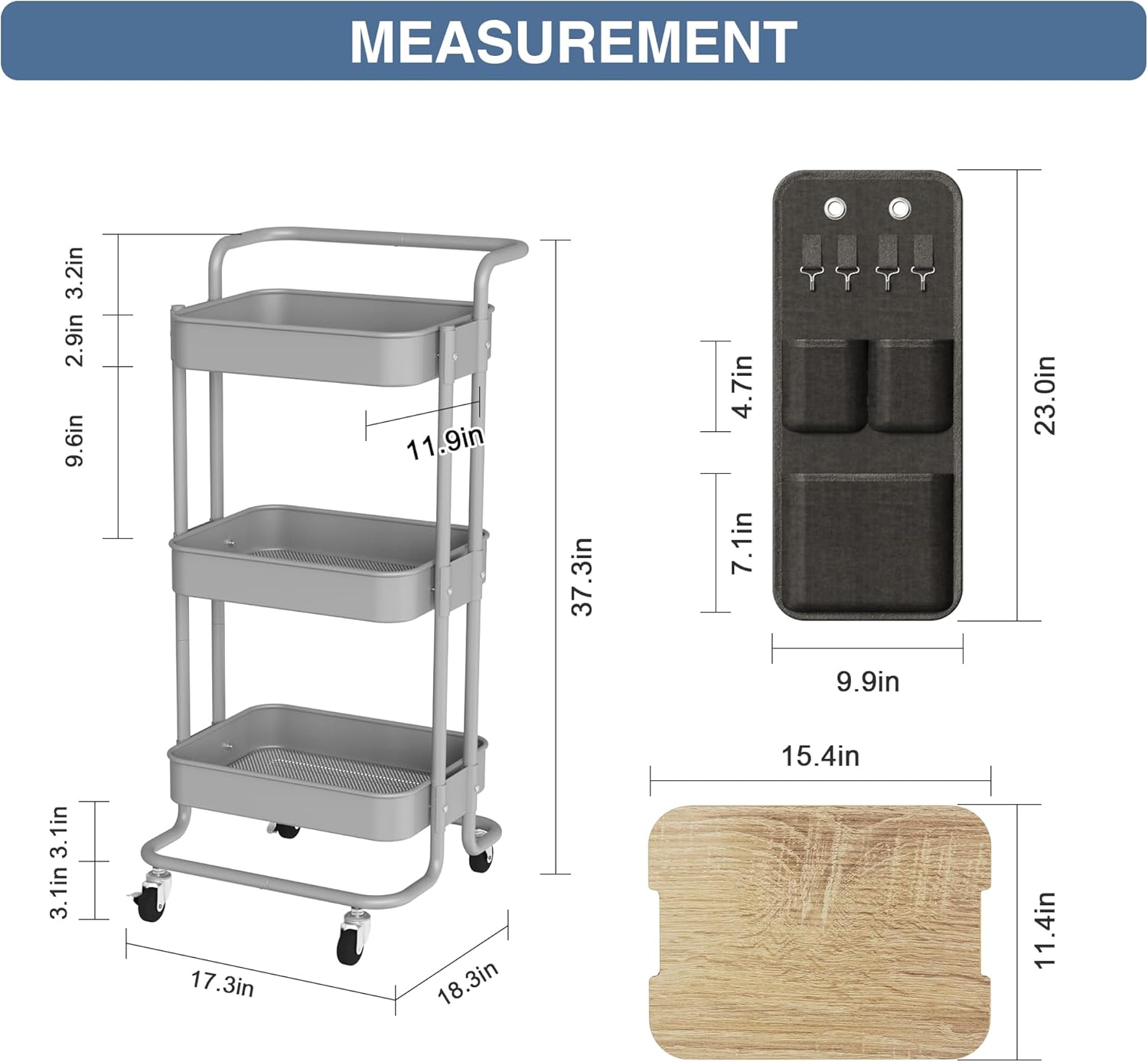 DTK Carrito de metal de 3 niveles con mesa y bolsas laterales, bandeja organizadora de almacenamiento, 4 ganchos para cocina, baño, oficina, sala de