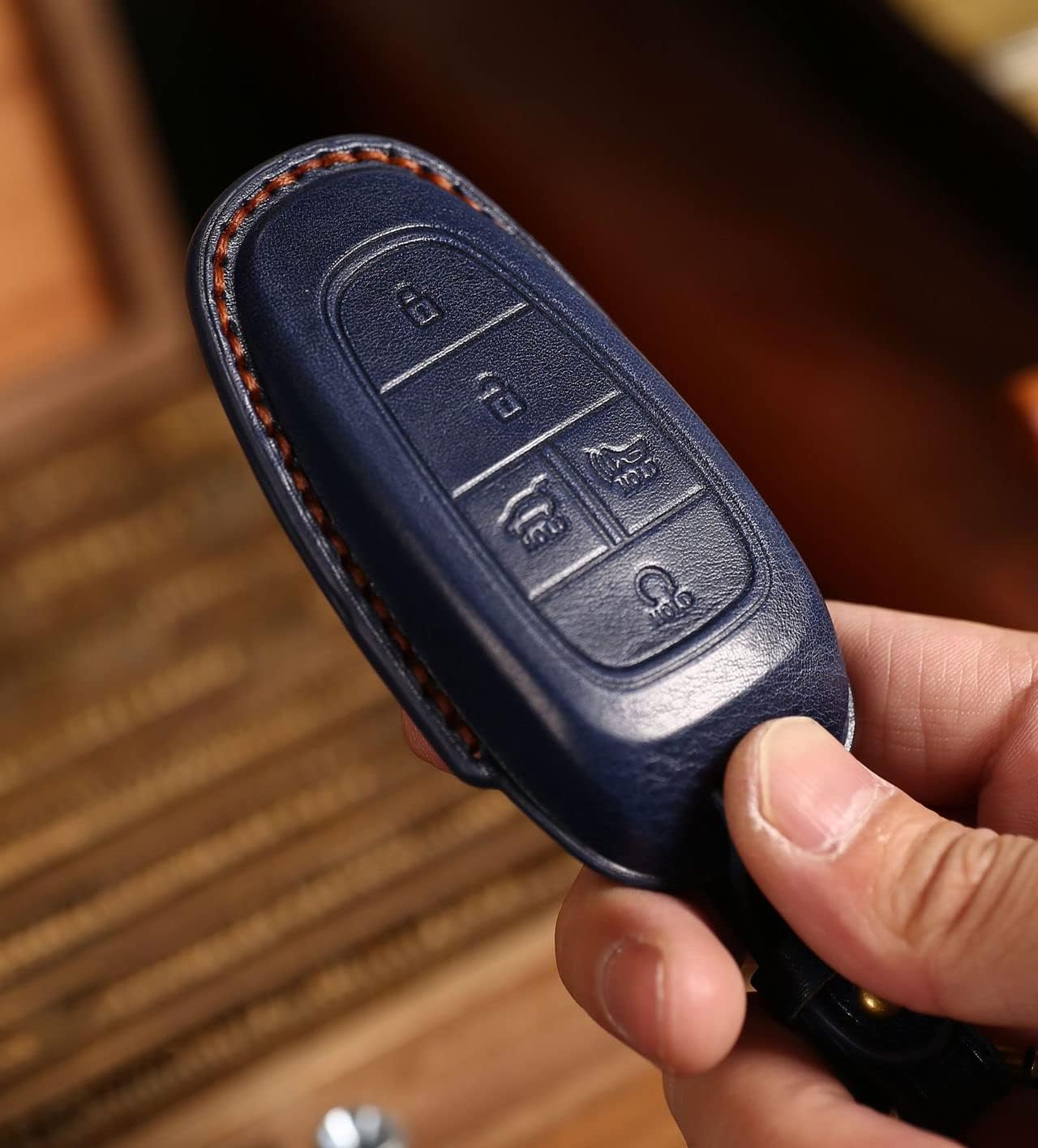ontto Compatible con Hyundai Sonata Santa Fe Tucson – Funda de cuero para llaves con llavero de protección completa (7 botones, azul), Azul