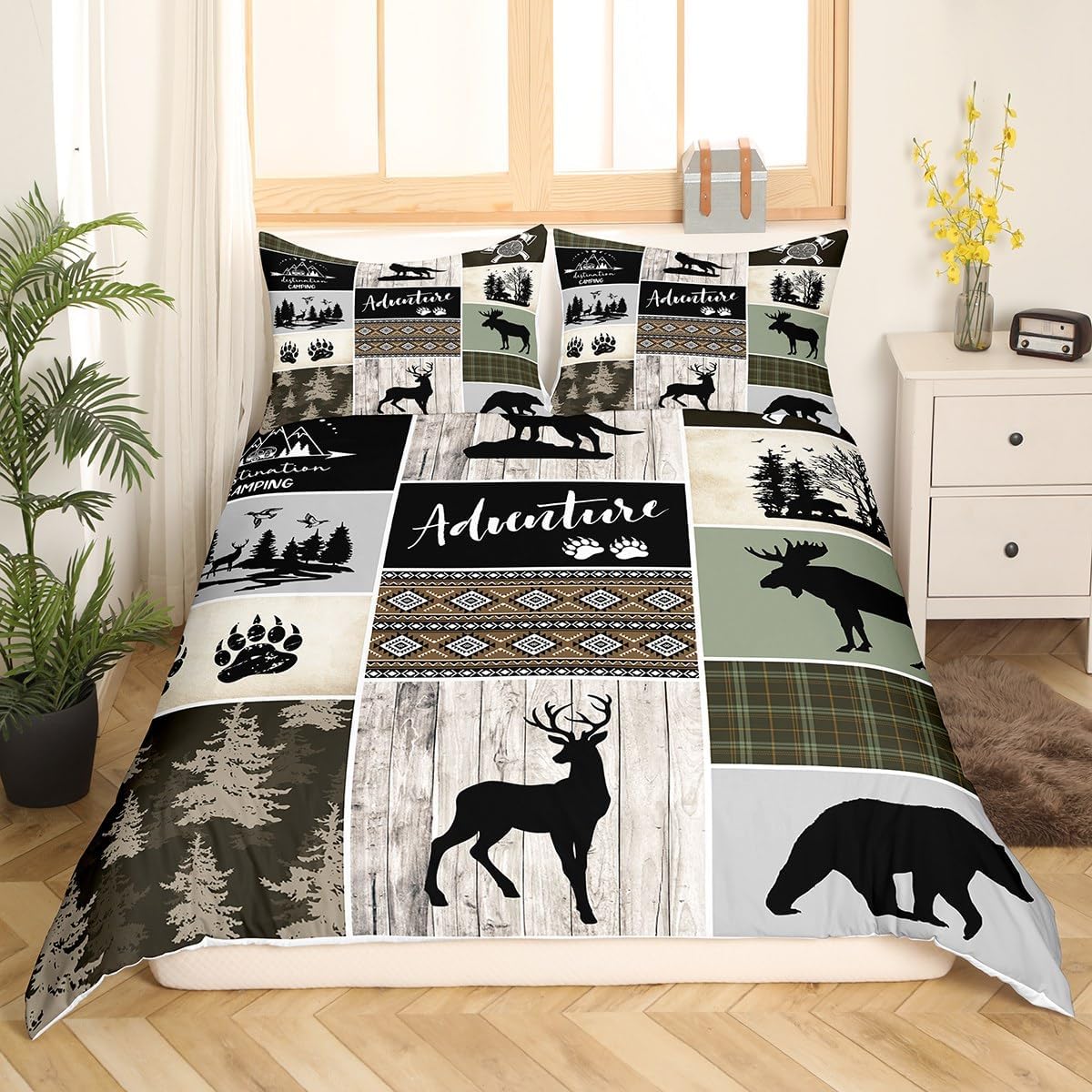 Juego de funda de edredón para niños de aventura de camping, tamaño matrimonial, juego de ropa de cama de caza de ciervos, osos, lobo, animales y
