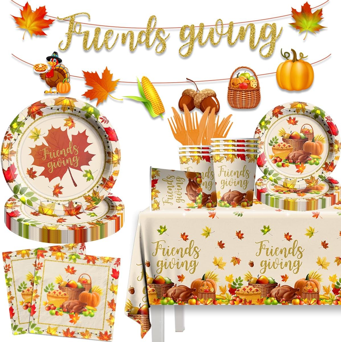 Decoraciones para fiestas de amigos, 142 piezas de vajilla de otoño, incluye platos de papel, mantel, tazas, calabaza, arce, pavo, decoraciones