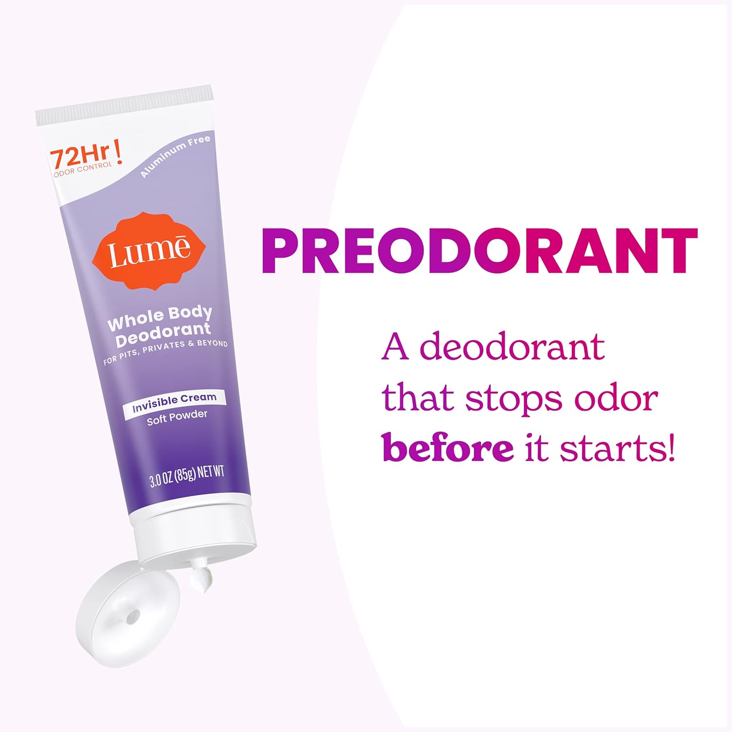 Lume – Desodorante para todo el cuerpo, Tubo de crema invisible, control de olores por 72 horas, sin aluminio, sin bicarbonato de sodio, seguro para