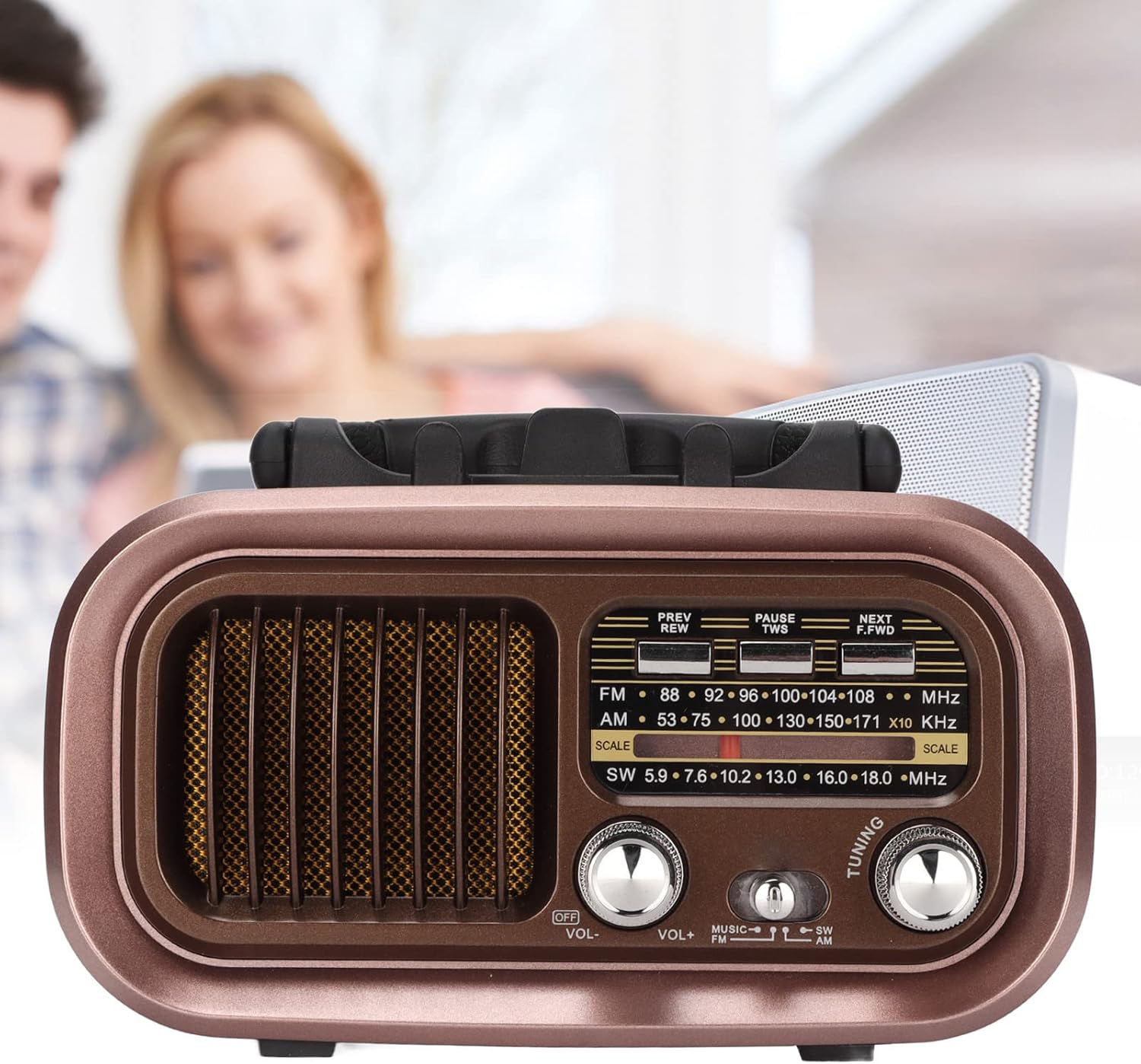Altavoz portátil de radio FM Bluetooth con diseño vintage 3 bandas multifuncional, ligero y pequeño, MP3 WMA WAV, antena externa (RXBT628)
