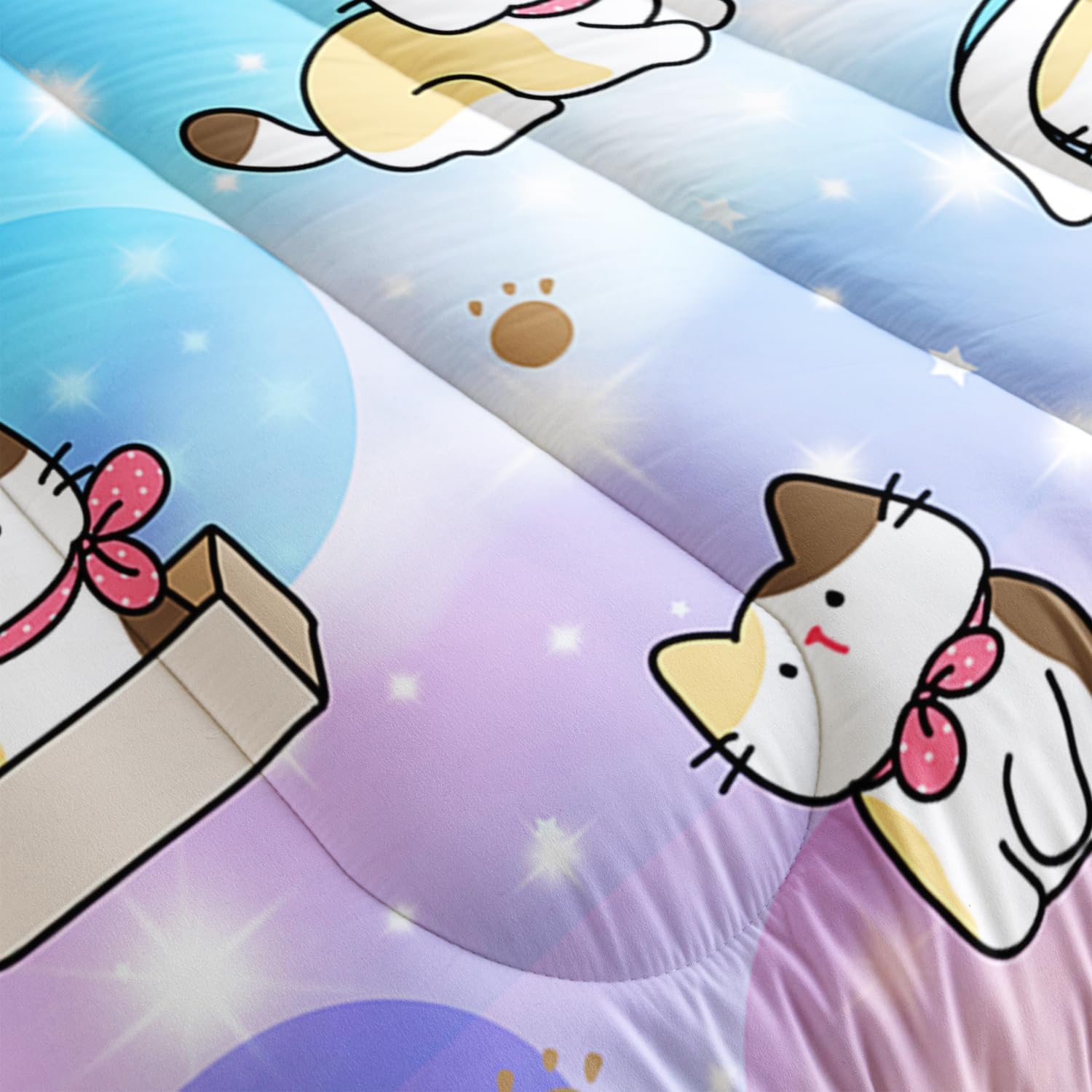Juego de edredón para niños, tamaño matrimonial, 3 piezas, colorido arco iris con purpurina y estrellas, juego de ropa de cama con diseño de pata de