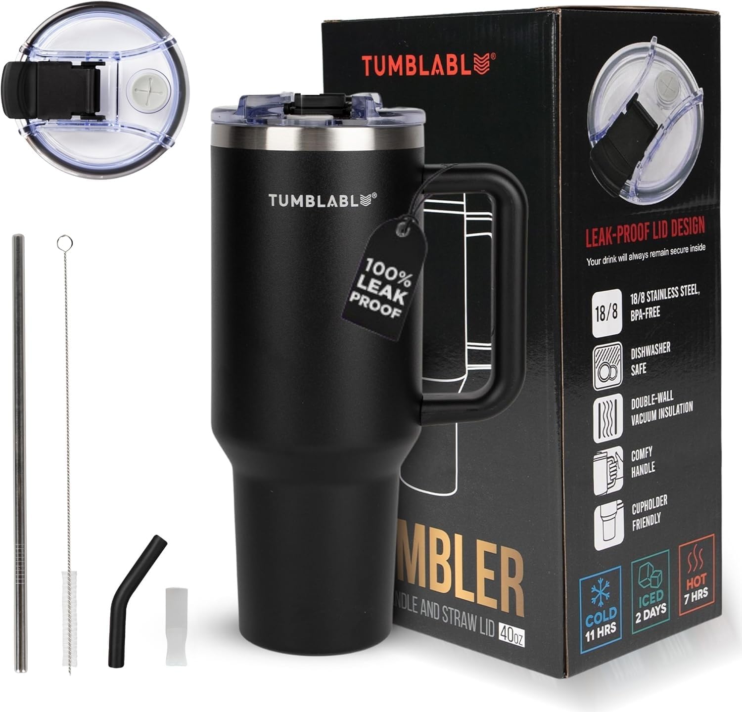 TUMBLABLE Vaso de 40 onzas con asa y popote, tapa de vaso a prueba de fugas, vaso aislado reutilizable, botella de agua de acero inoxidable, taza de