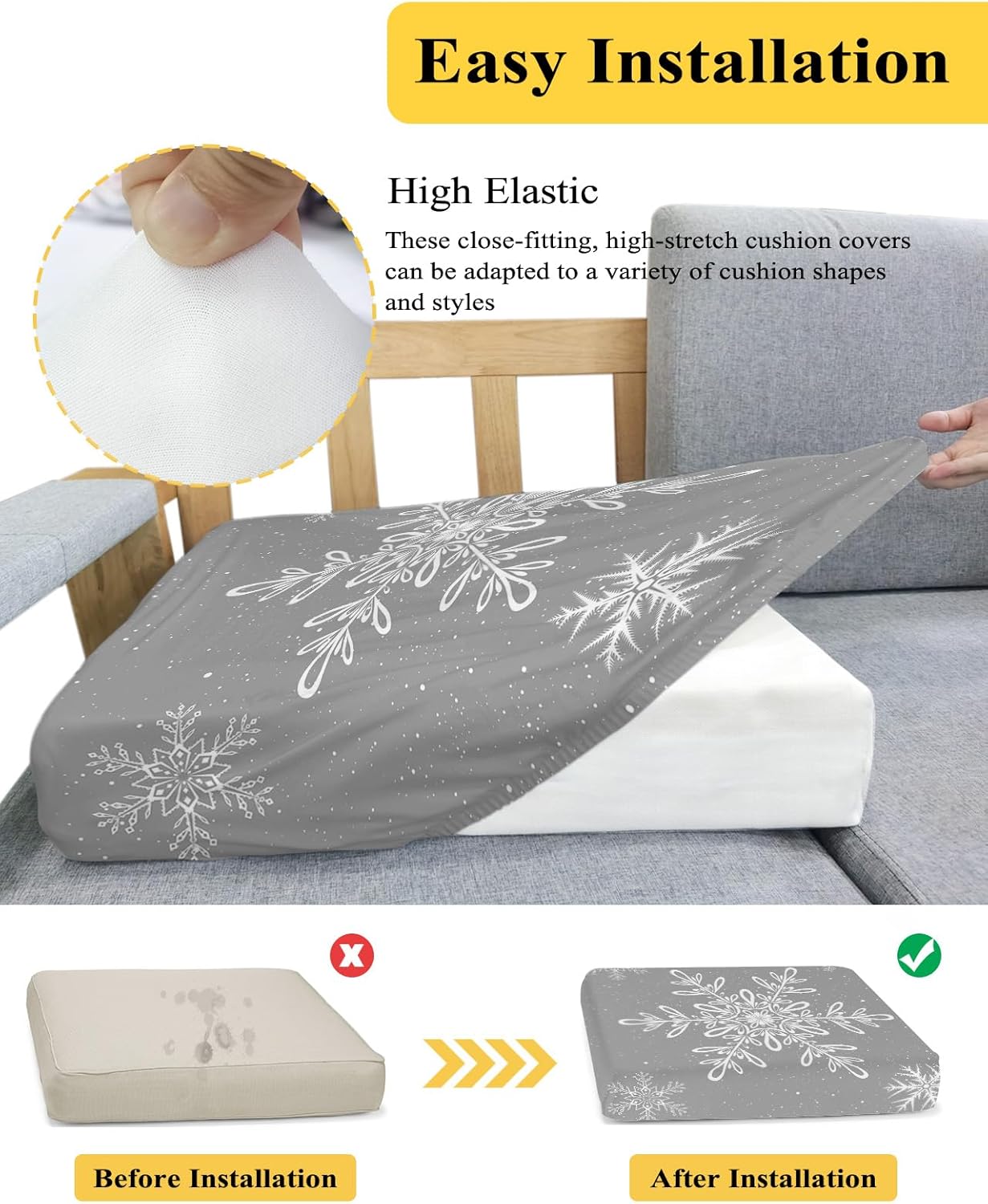 Prime Leader Fundas de cojín para sofá, fundas elásticas para sofá, diseño de copos de nieve grises de Navidad, fundas protectoras de muebles para