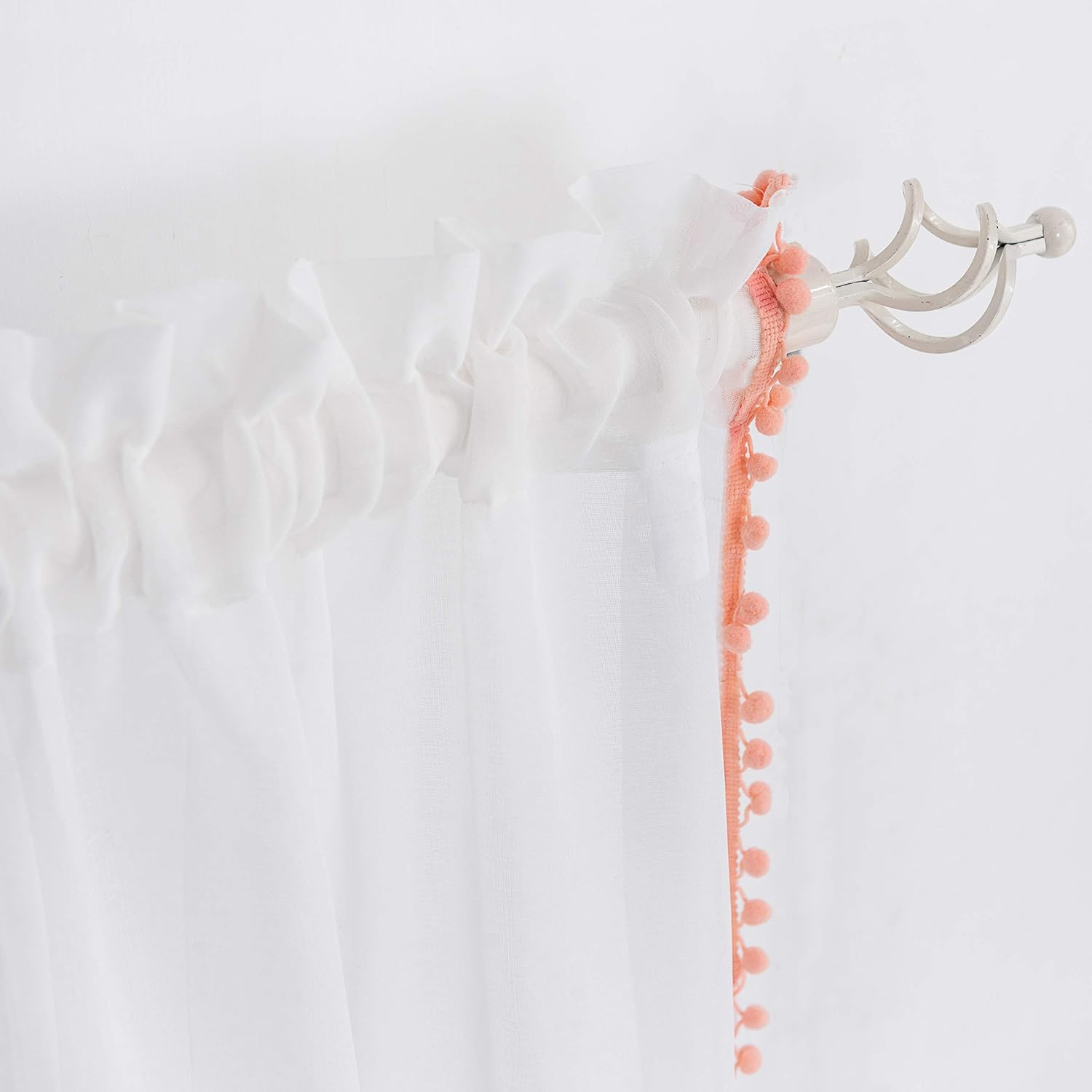 Selectex – Cortinas de gasa semitransparentes con diseño de cenefa de borlas, con bolsillo para barra, para sala de estar o habitación, juego de 2