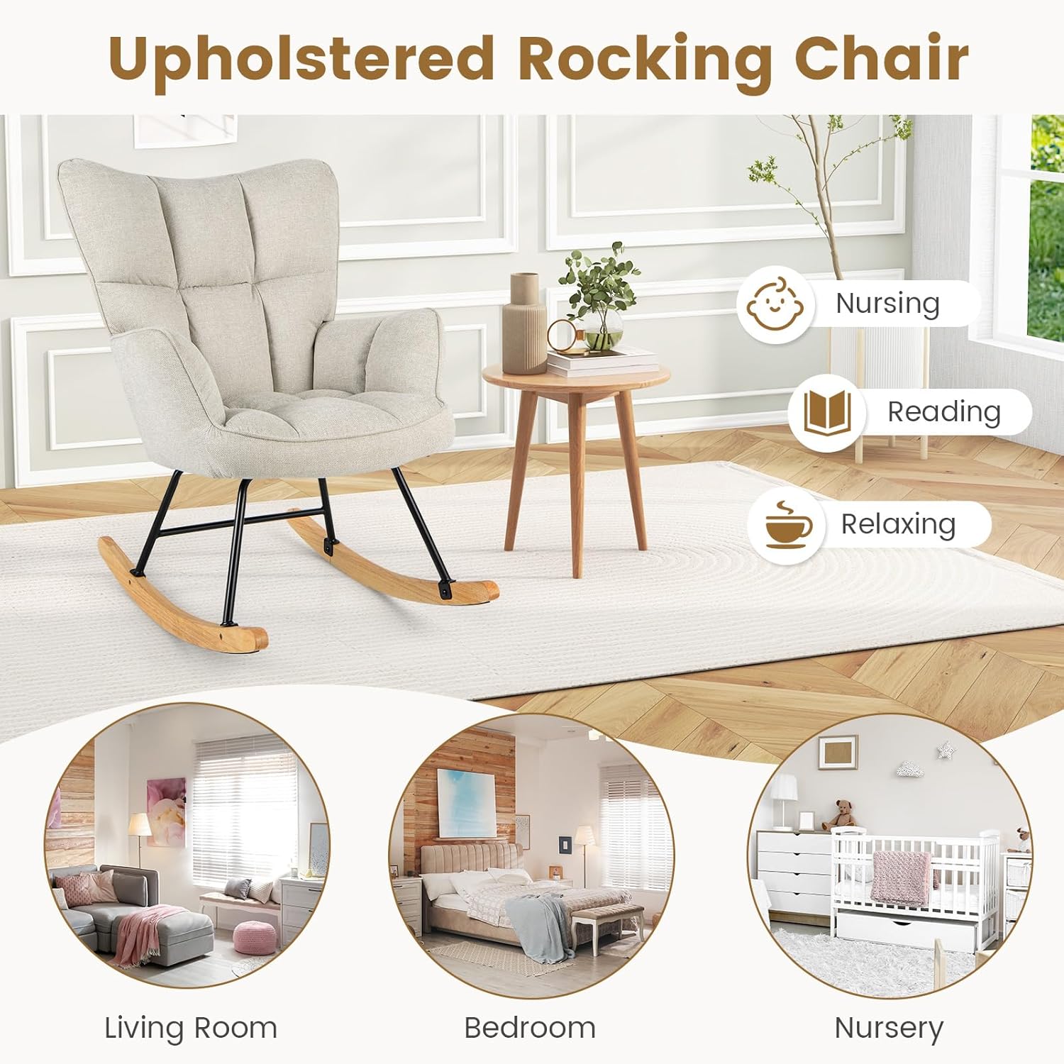 Giantex Mecedora para guardería, sillón moderno con respaldo alto, marco de metal sólido y madera, silla mecedora tapizada de lino para guardería,
