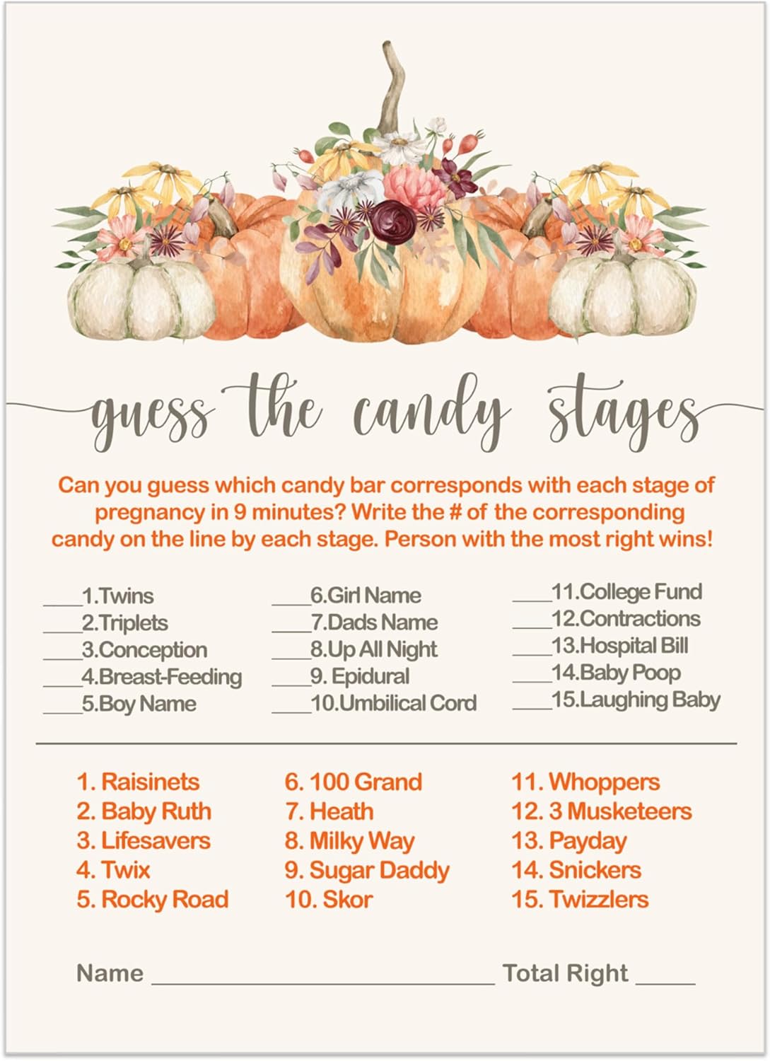 Paper Clever Party Juego de calabaza Baby Shower Game Match The Candies tarjetas de actividad, floral y calabaza, juego de 4 x 6, paquete de 25