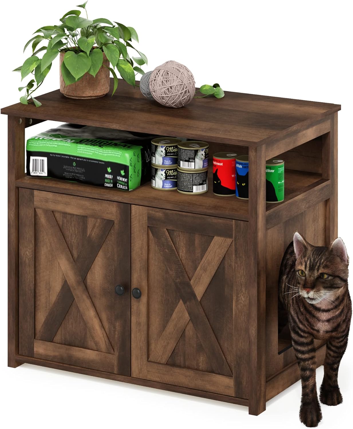 Furinno Peli Farmhouse – Armario de arena para gatos con 2 puertas, color marrón rústico