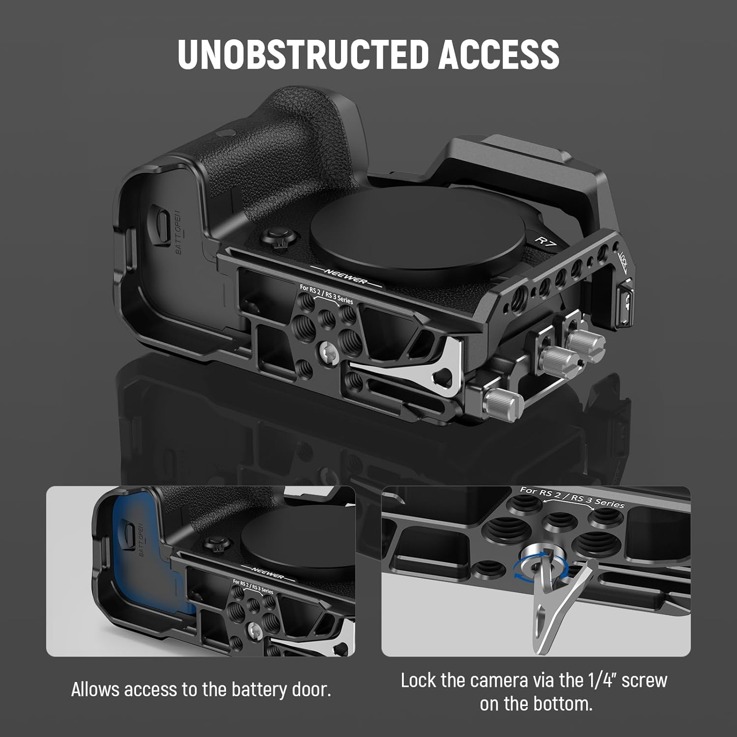 NEEWER Jaula para cámara R7 compatible con Canon EOS R7, soporte de video de aluminio con abrazadera de cable HDMI, riel OTAN, zapata fría, ARRI de