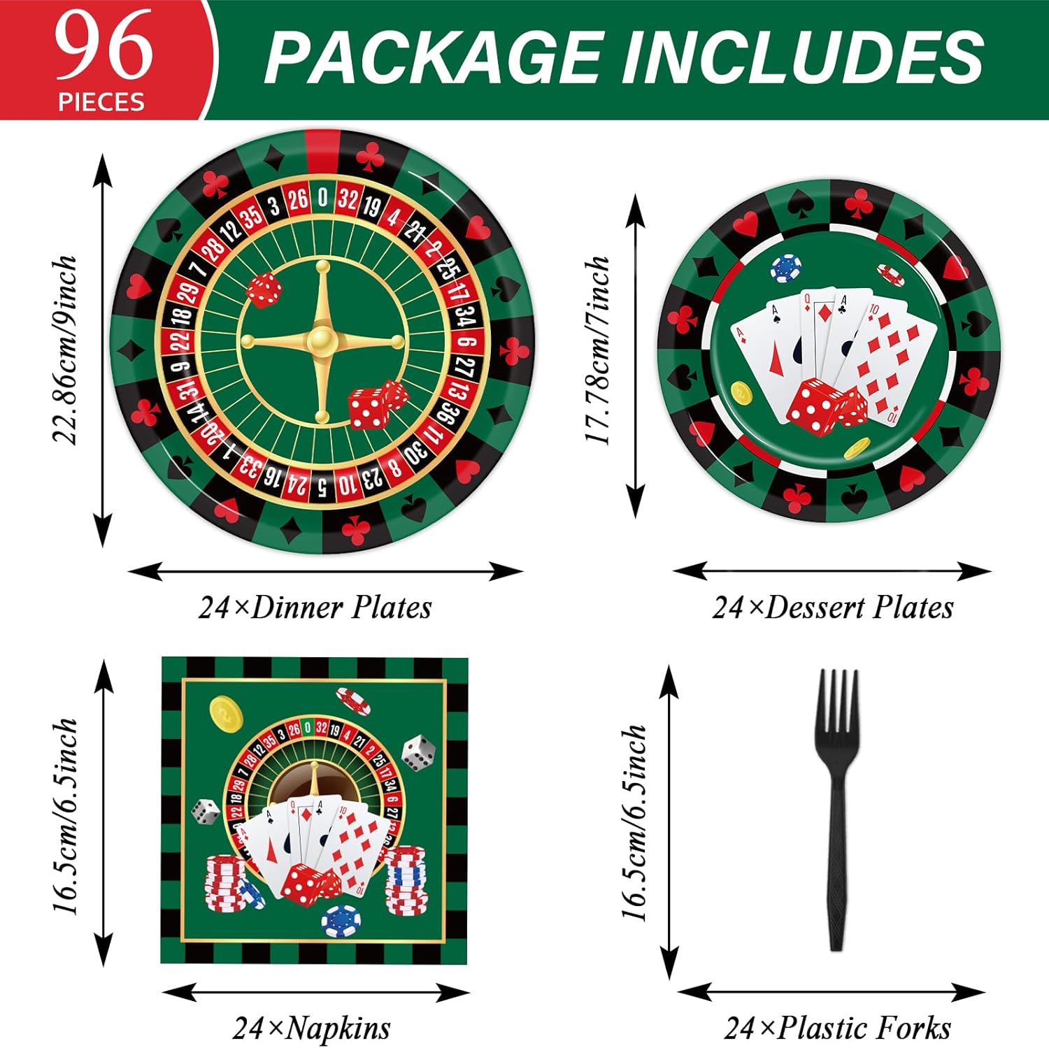 Juego de vajilla de 96 piezas con temática de casino para fiestas de cumpleaños de Las Vegas, tarjetas de póquer, tarjetas de póquer, fiesta de