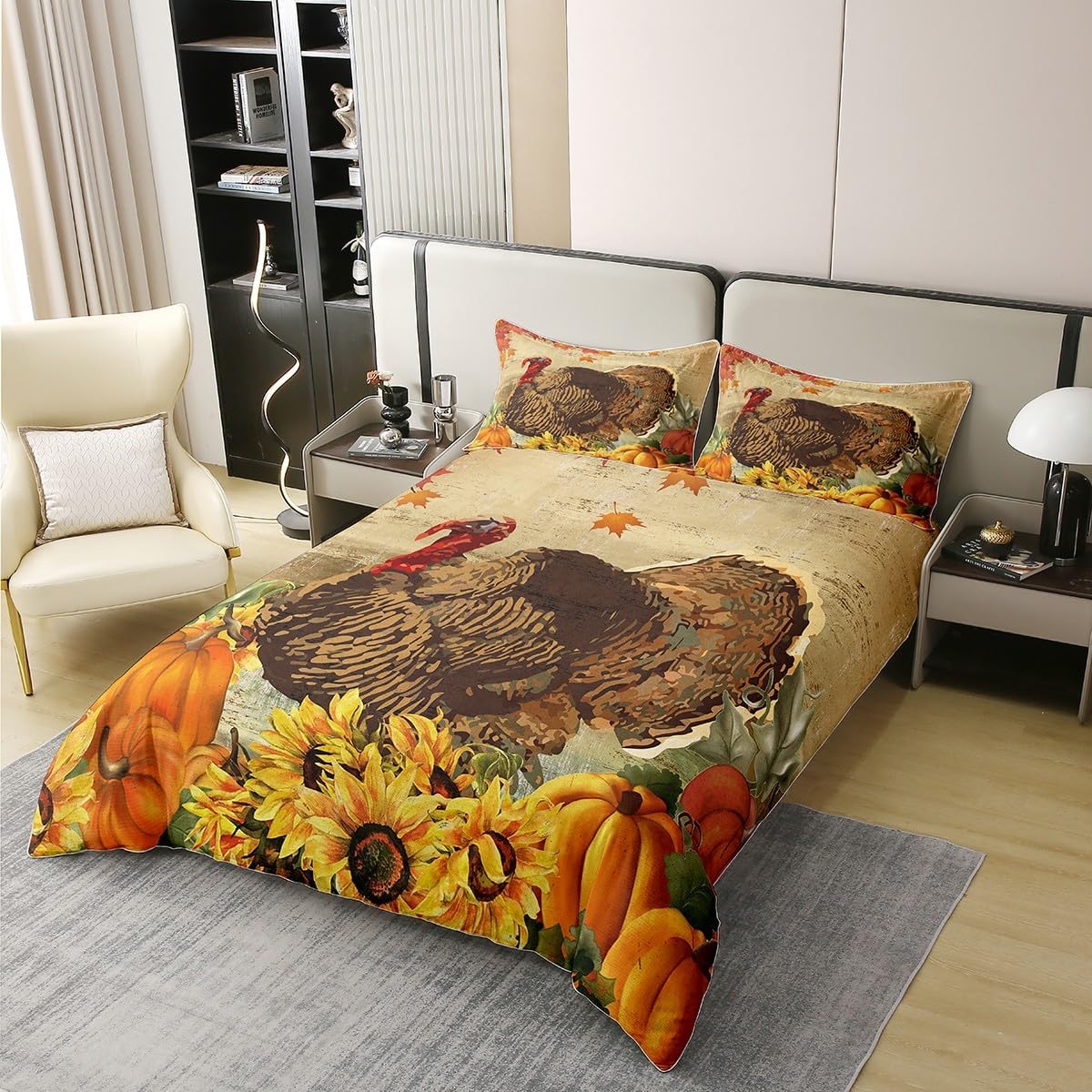 jejeloiu Juego de funda de edredón de otoño, 100% algodón, tamaño King, juego de ropa de cama de pavo para niños, niñas, adolescentes, juego de