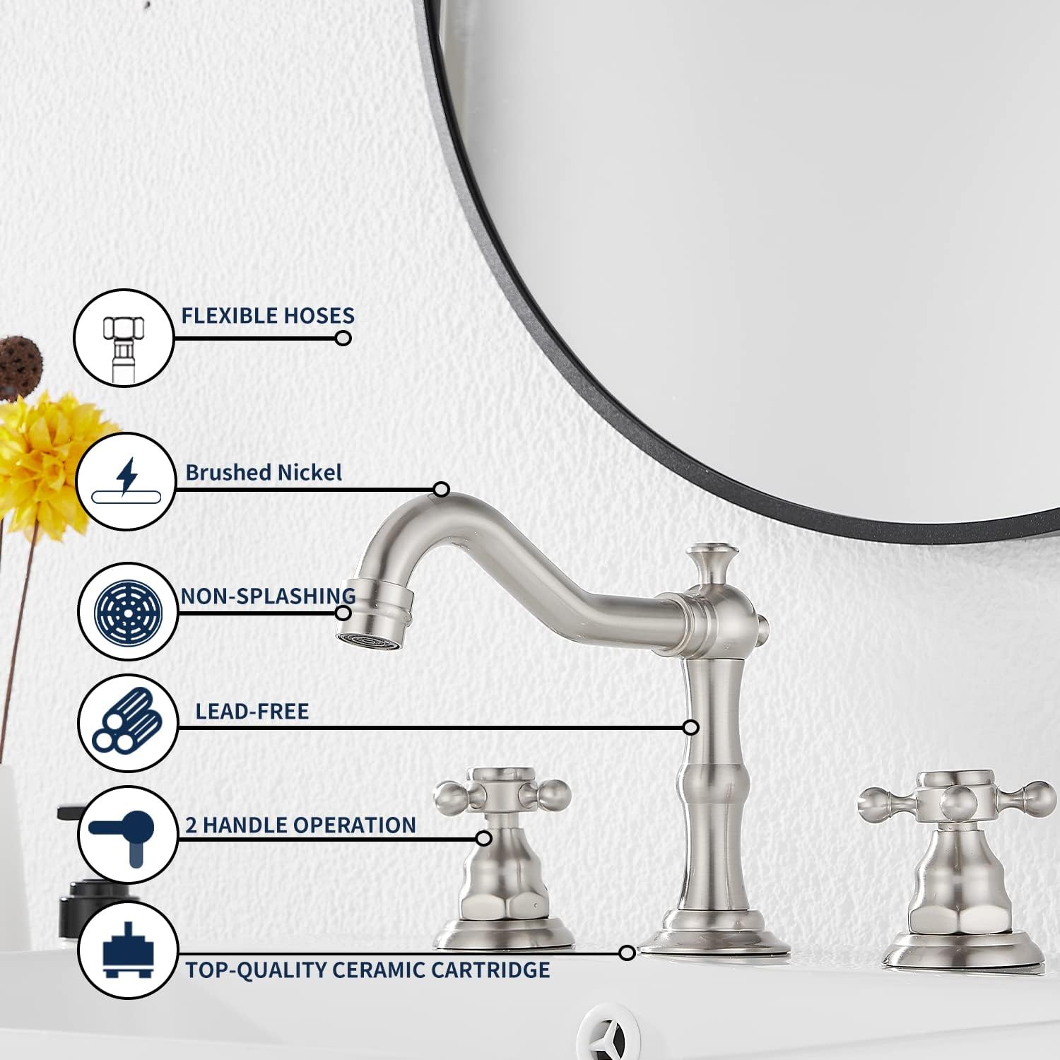GGStudy – Grifo mezclador de 2 manijas para lavabo de tres agujeros, para lavabo de baño extendido de 8 a 16 pulgadas, con desagüe de metal que se