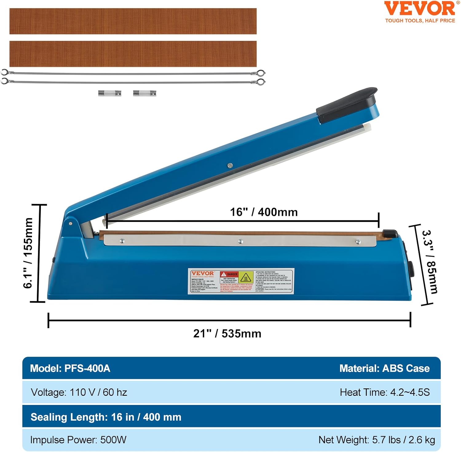 VEVOR Sellador de impulso de 16 pulgadas, máquina de sellado térmico manual con modo de calefacción ajustable, selladores de bolsas retráctiles ABS