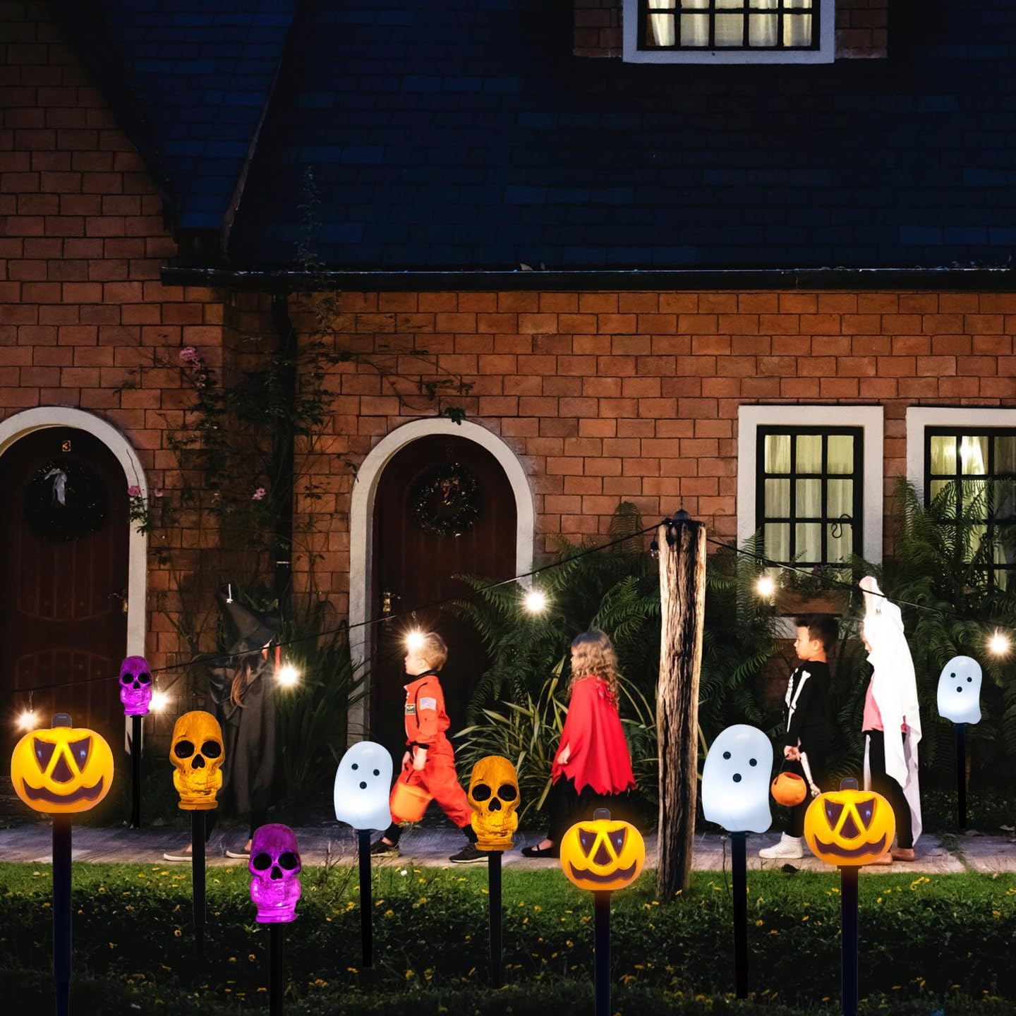 Luces solares para decoración de Halloween al aire libre, 4 piezas impermeables de Halloween, luces de estaca de calabaza iluminadas para Halloween,