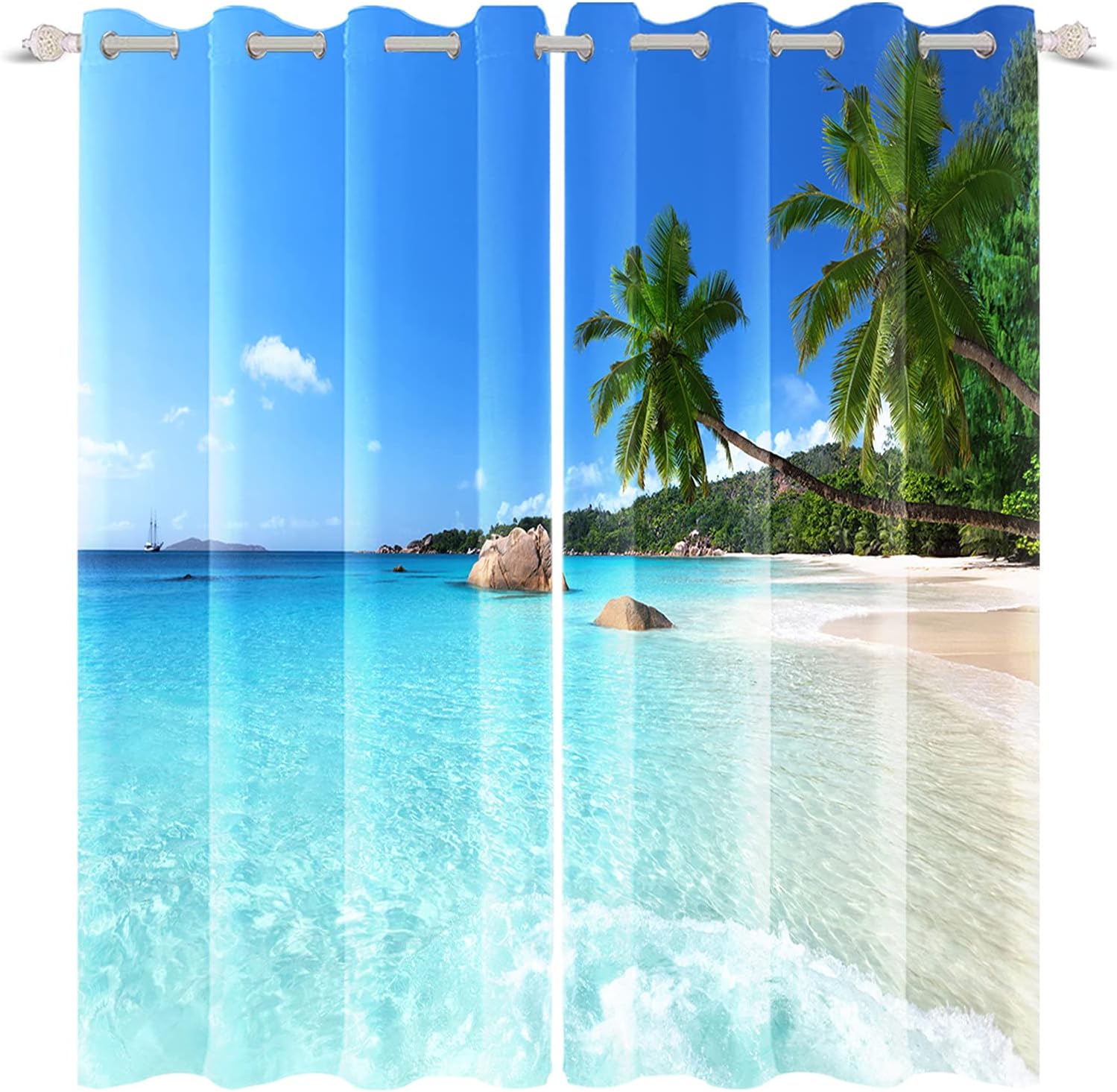 Renaiss Cortinas de ventana junto al mar, playa soleada, olas del océano, tratamiento de palmera de coco, cortinas opacas para hombre y mujer,