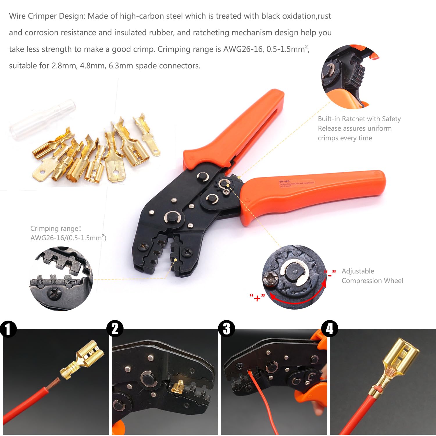 Twidec 640pcs 2.84.80.248 in empalme rápido macho y hembra conector de pala de alambre Kit dorado con terminal de alambre Alicates de prensado