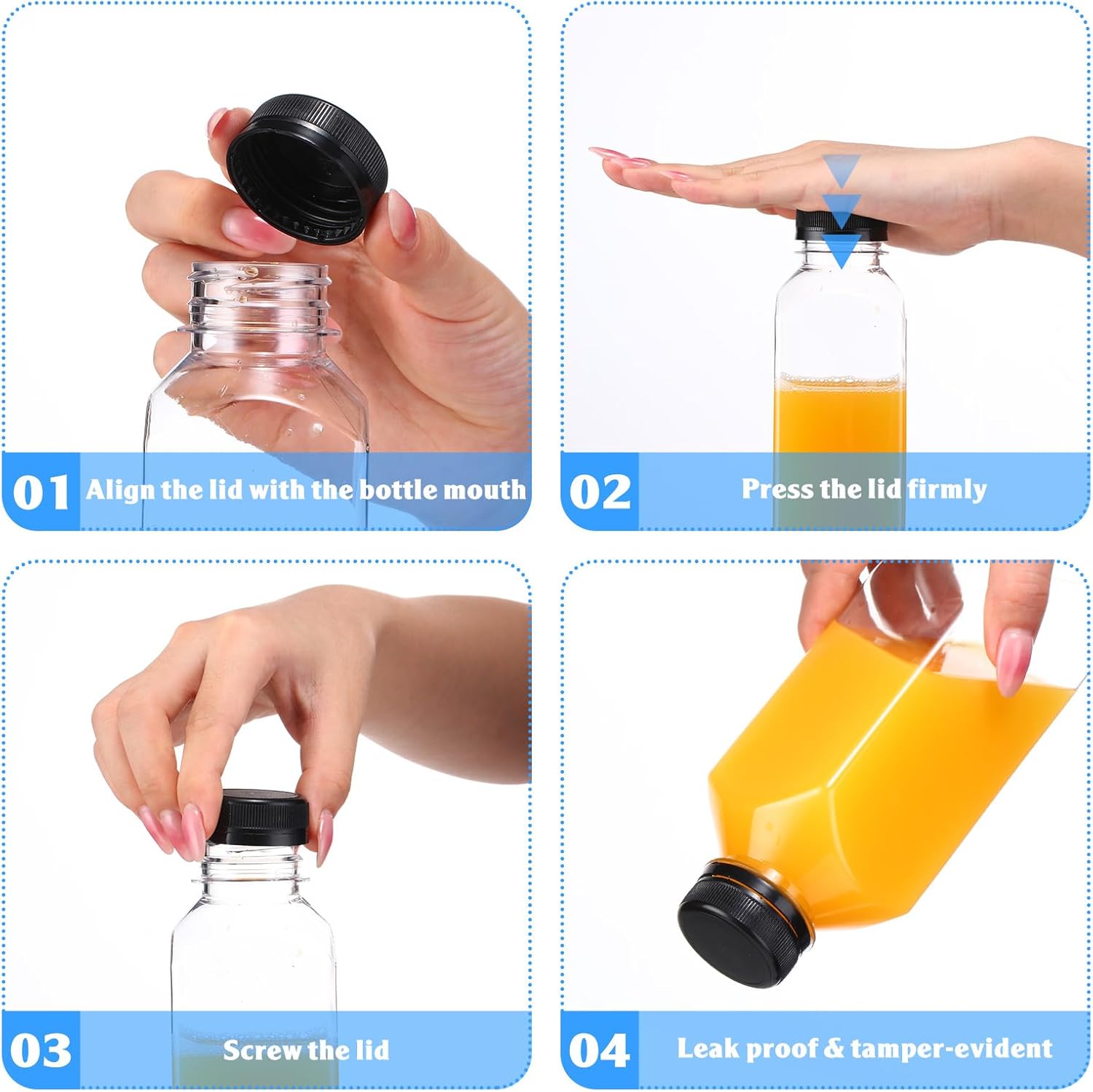 Zhehao 200 botellas vacías de plástico de 10 onzas con tapas, recipientes cuadrados transparentes para bebidas, pequeñas botellas reutilizables para