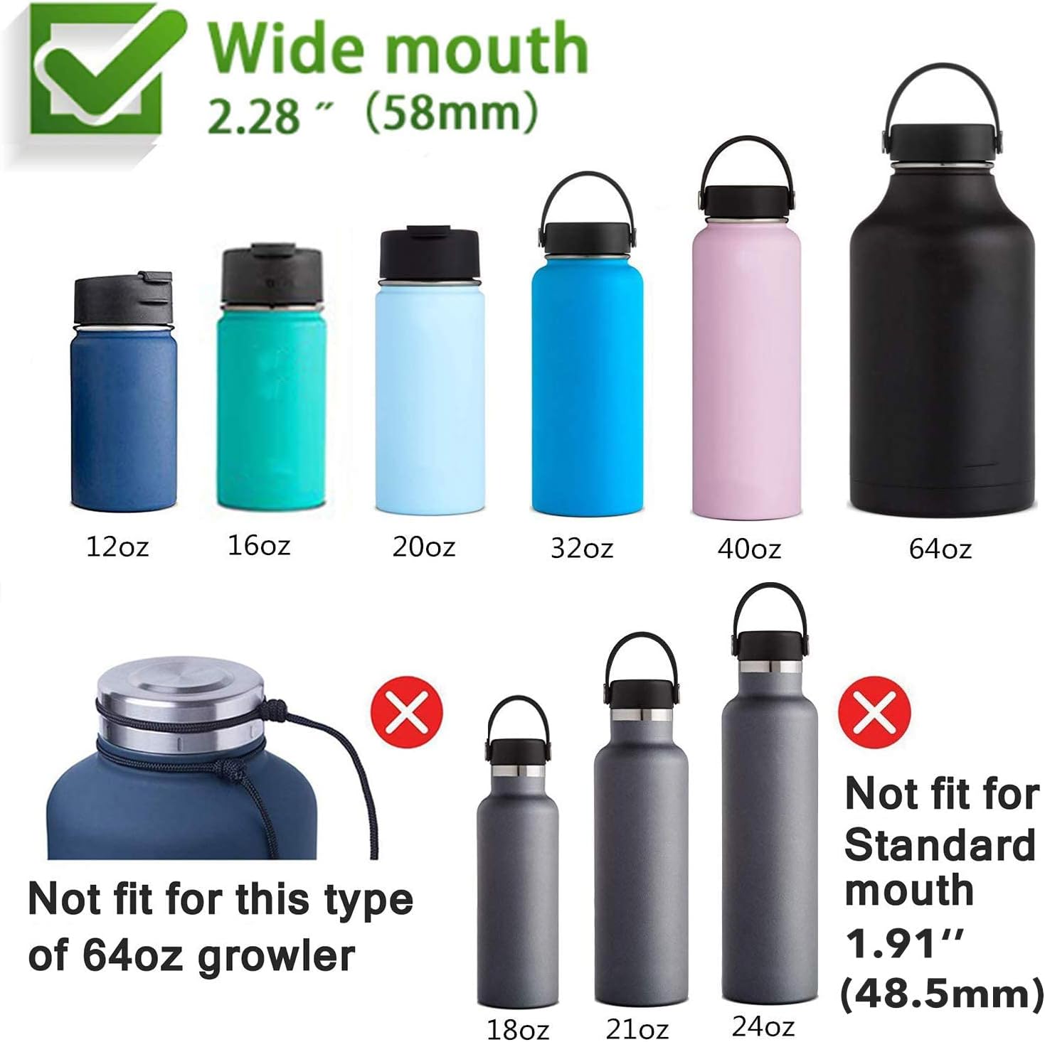 Wide Mouth Straw Lids Compatible with Most Sports Water Bottles, 2 Lids 2 Long Straws 2 Brushes in 1 Value Pack. (WatermelonBlack)