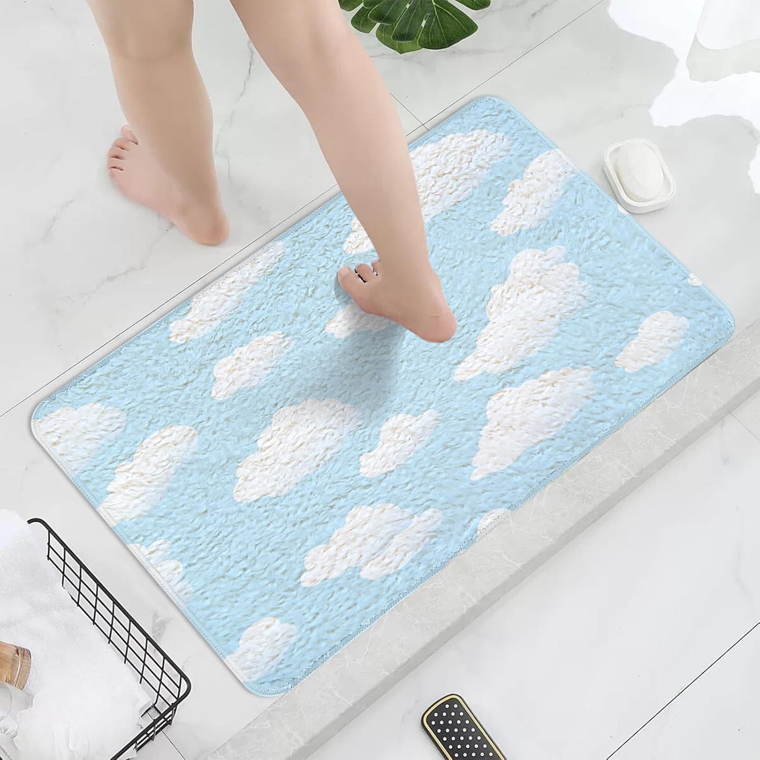 MEHOFOND White Clouds Blue Sky Bath Rugs 20”x32” Cute White Clouds Bathroom Mats Non-Slip Bath Rug Happy Clouds Bath Mat for Kids Bath Mats Extra
