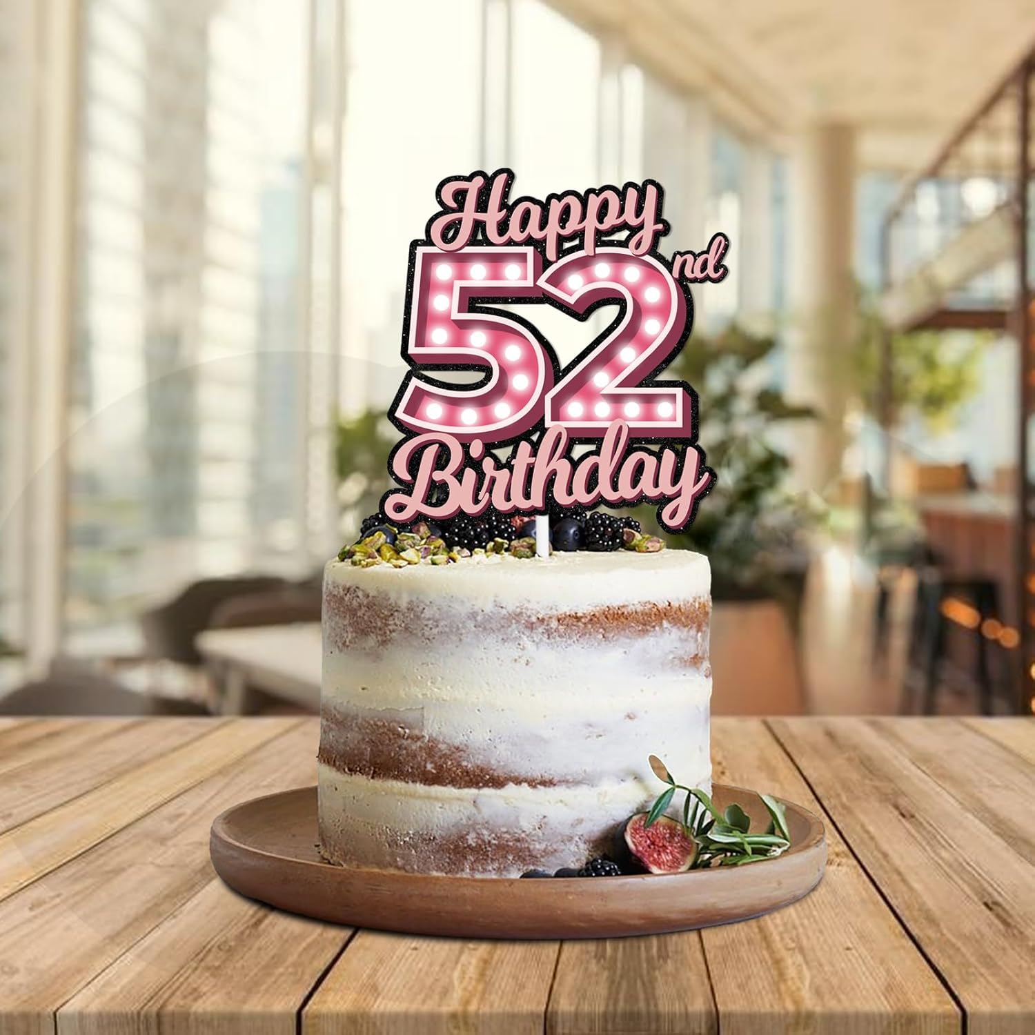 Decoración de pastel de cumpleaños 52 con purpurina rosa Let’s Glow Crazy Party Theme Decor Supplies Men Women Happy Birthday 52 Anniversary Party
