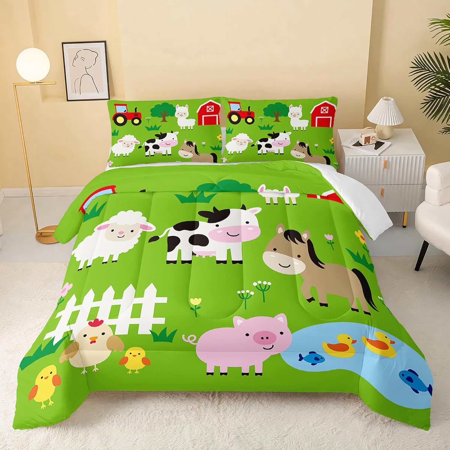 Edredón de animales de granja, juego de edredón de oveja, vaca, cerdo, para niños, adolescentes, niñas, niños, juego de ropa de cama de 3 piezas