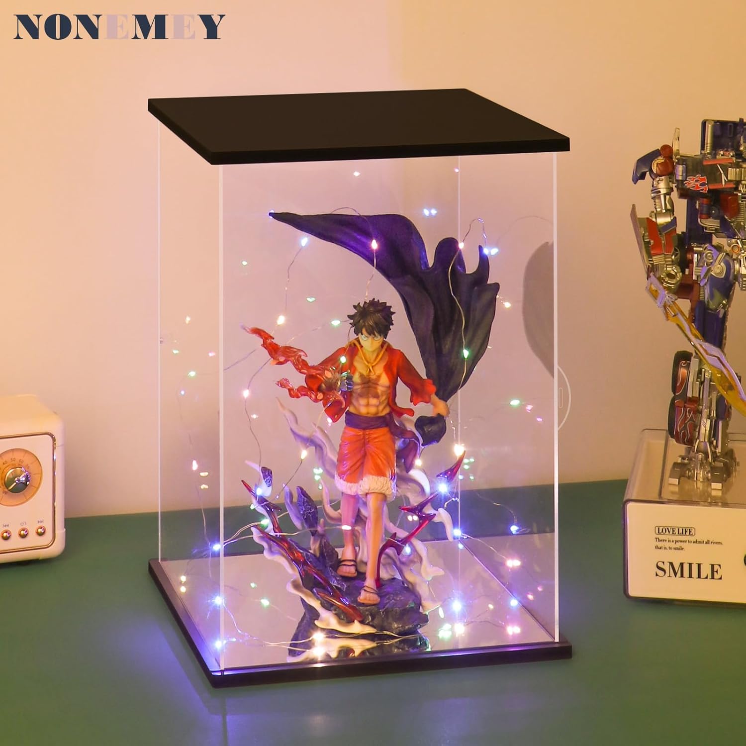NONEMEY Vitrina de acrílico transparente con dos tipos de luces para 1000% Pop Mart, modelo a prueba de polvo, caja organizadora, vitrina para