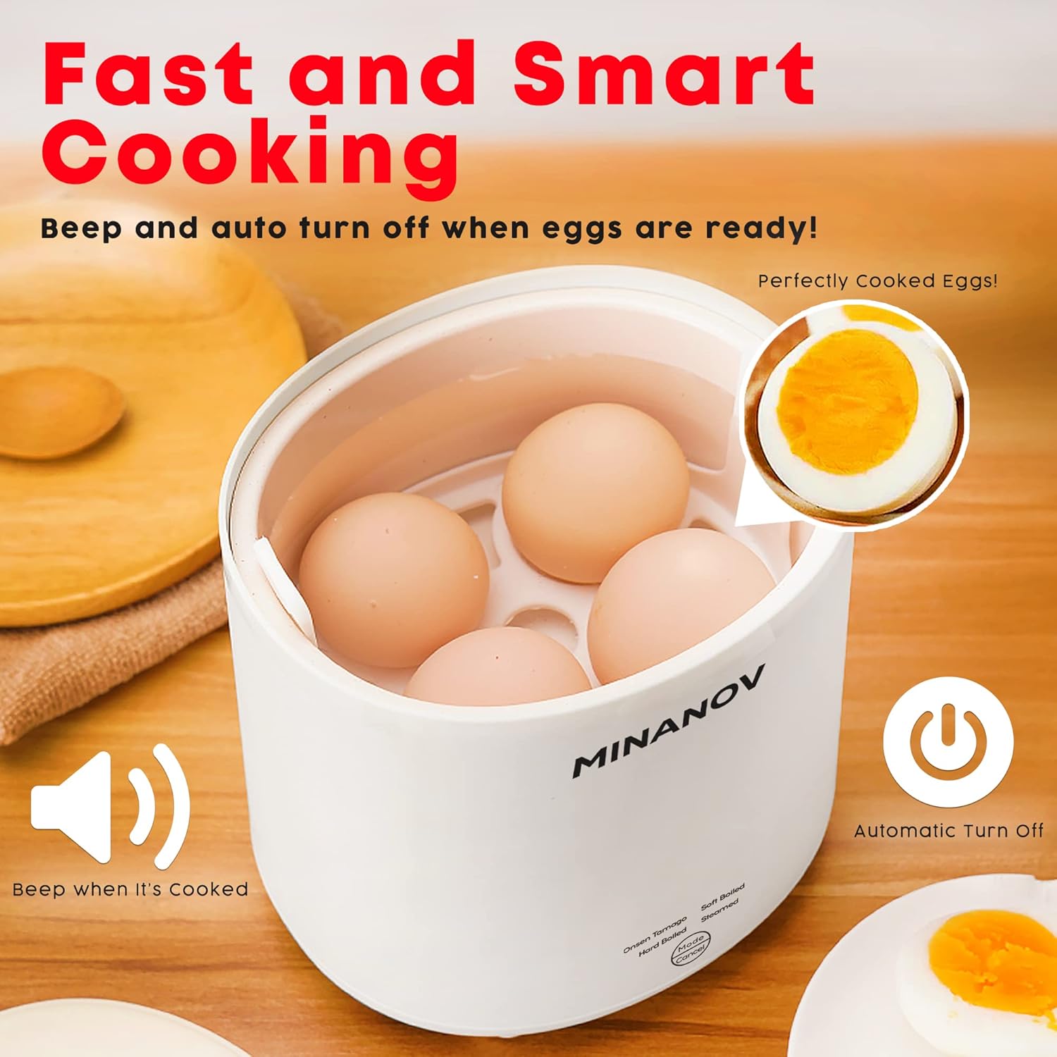 MINANOV Olla eléctrica para huevos  Cocina inteligente para huevos duros, hervidos suaves, huevos al vapor, Onsen Tamago  Mini olla de huevos para