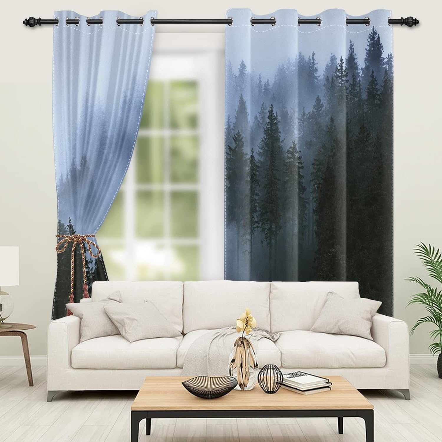 SIEDYCV Cortinas opacas de bosque brumoso de 42 x 84 pulgadas, con niebla escénica, bosque lluvioso, pinos, paisaje natural, 2 paneles de cortinas