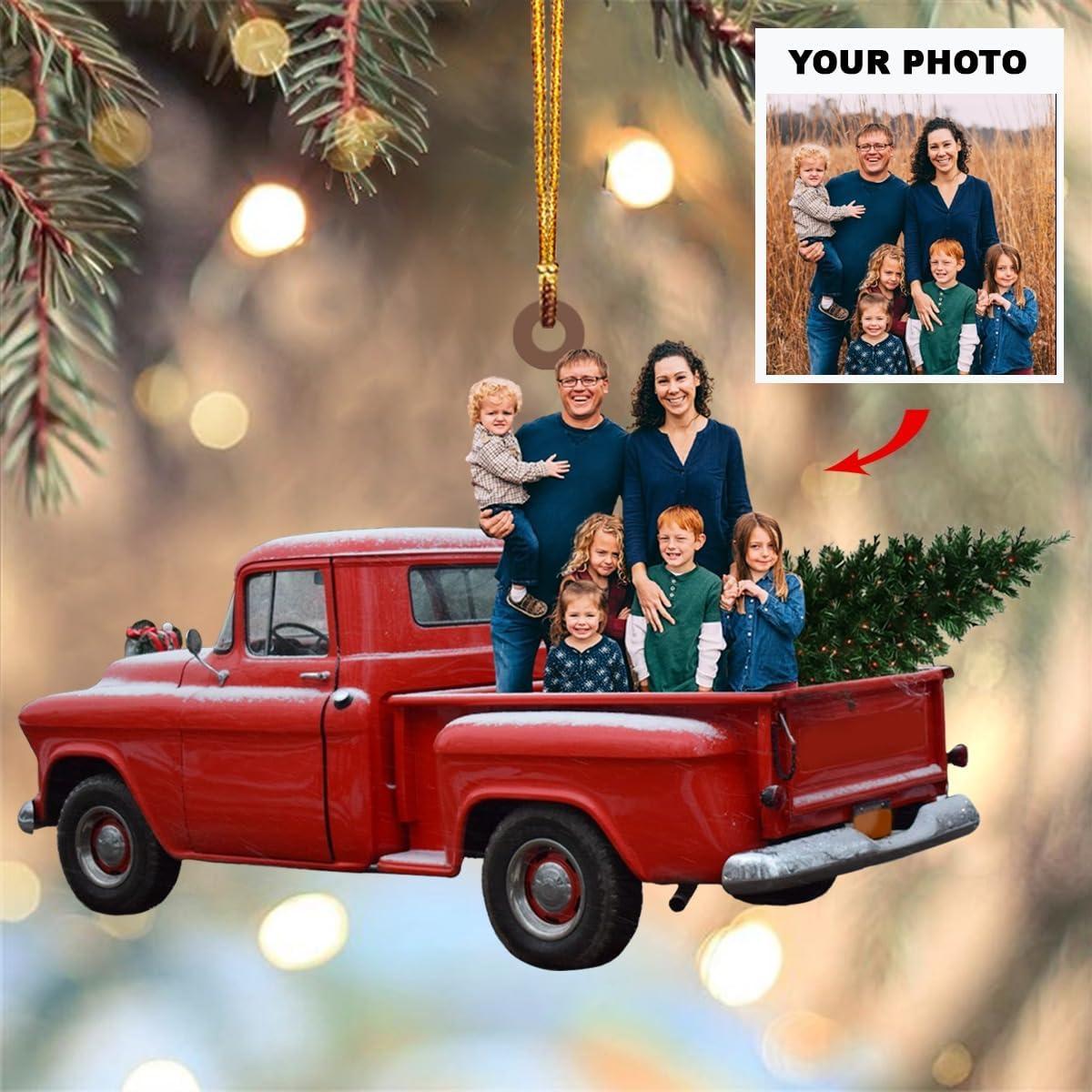 Adorno personalizado para tu foto, adorno de mica con foto personalizada, adorno de Navidad familiar, camión rojo familiar, adorno fotográfico 2023,