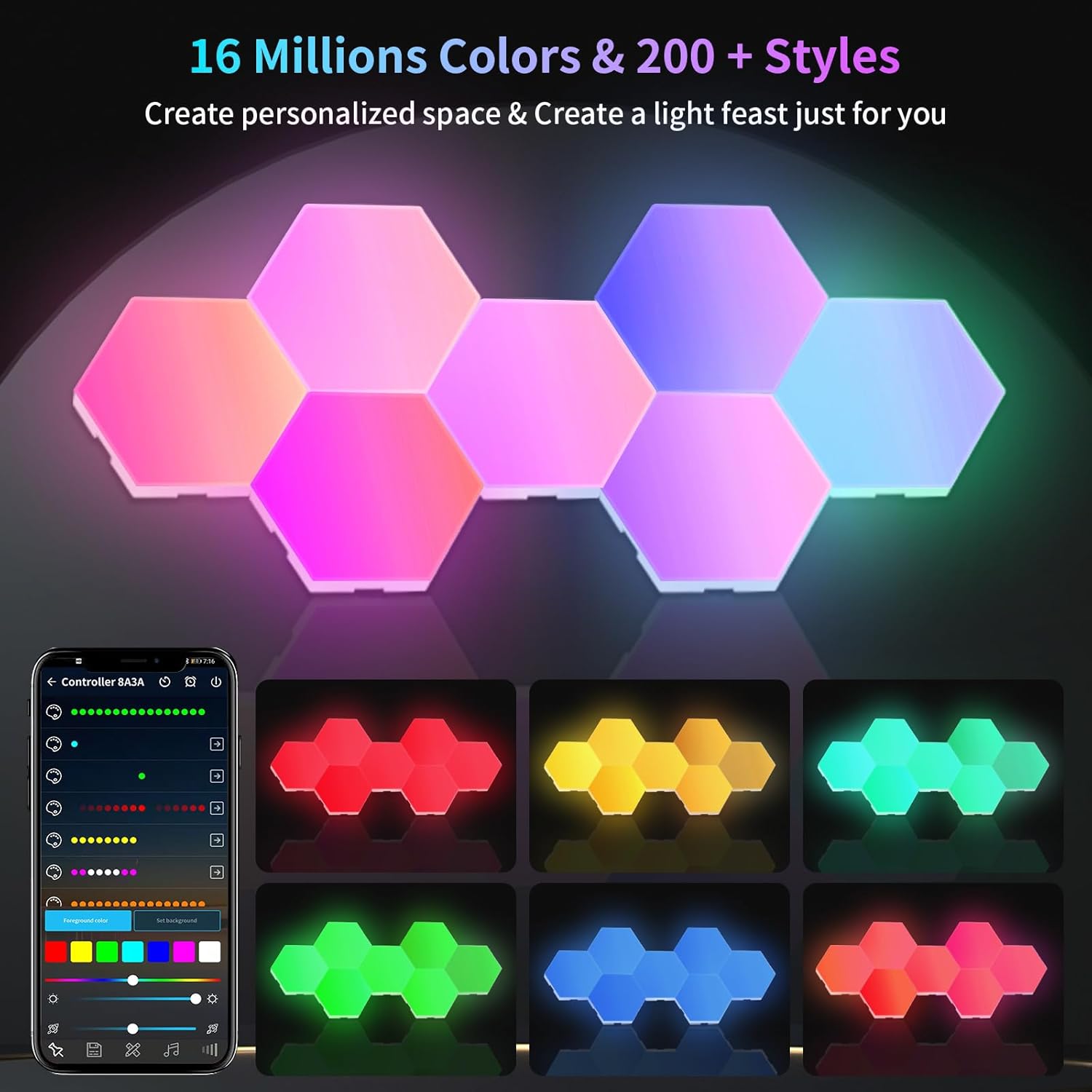 Mindore Paquete de 12 paneles de luz hexagonales, luces LED hexagonales inteligentes RGB con control remoto y sincronización de música, luces LED
