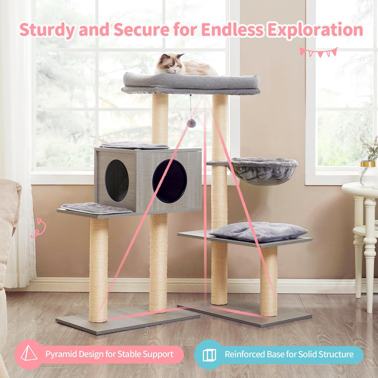 Made4Pets – Árboles para gatos grandes de interior, torre moderna para gatos con poste rascador de sisal, condominio de escalada de madera para