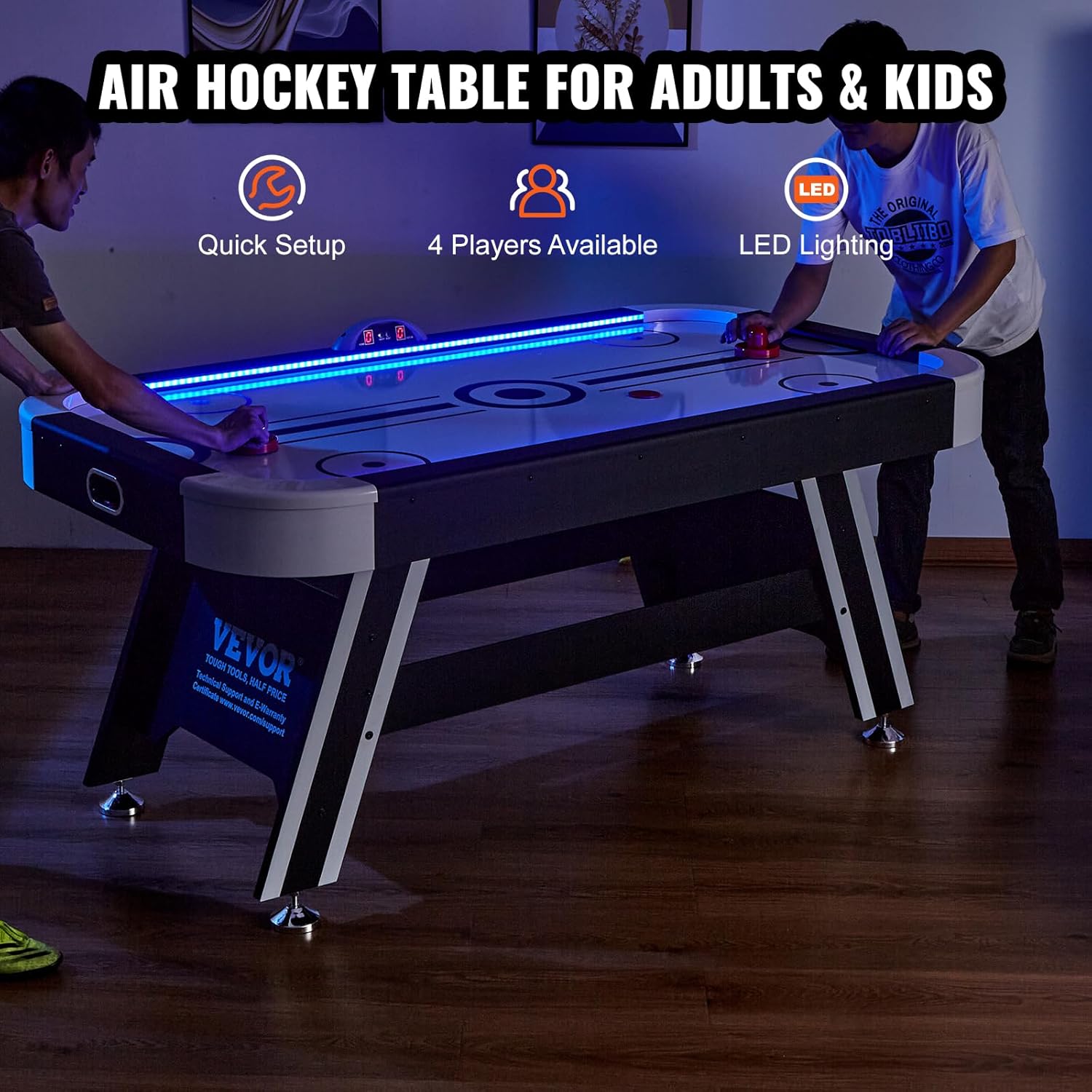 VEVOR Mesa de hockey de aire, mesa de hockey interior de 72 pulgadas para niños y adultos, juego de hockey deportivo LED con 2 discos, 2 empujadores