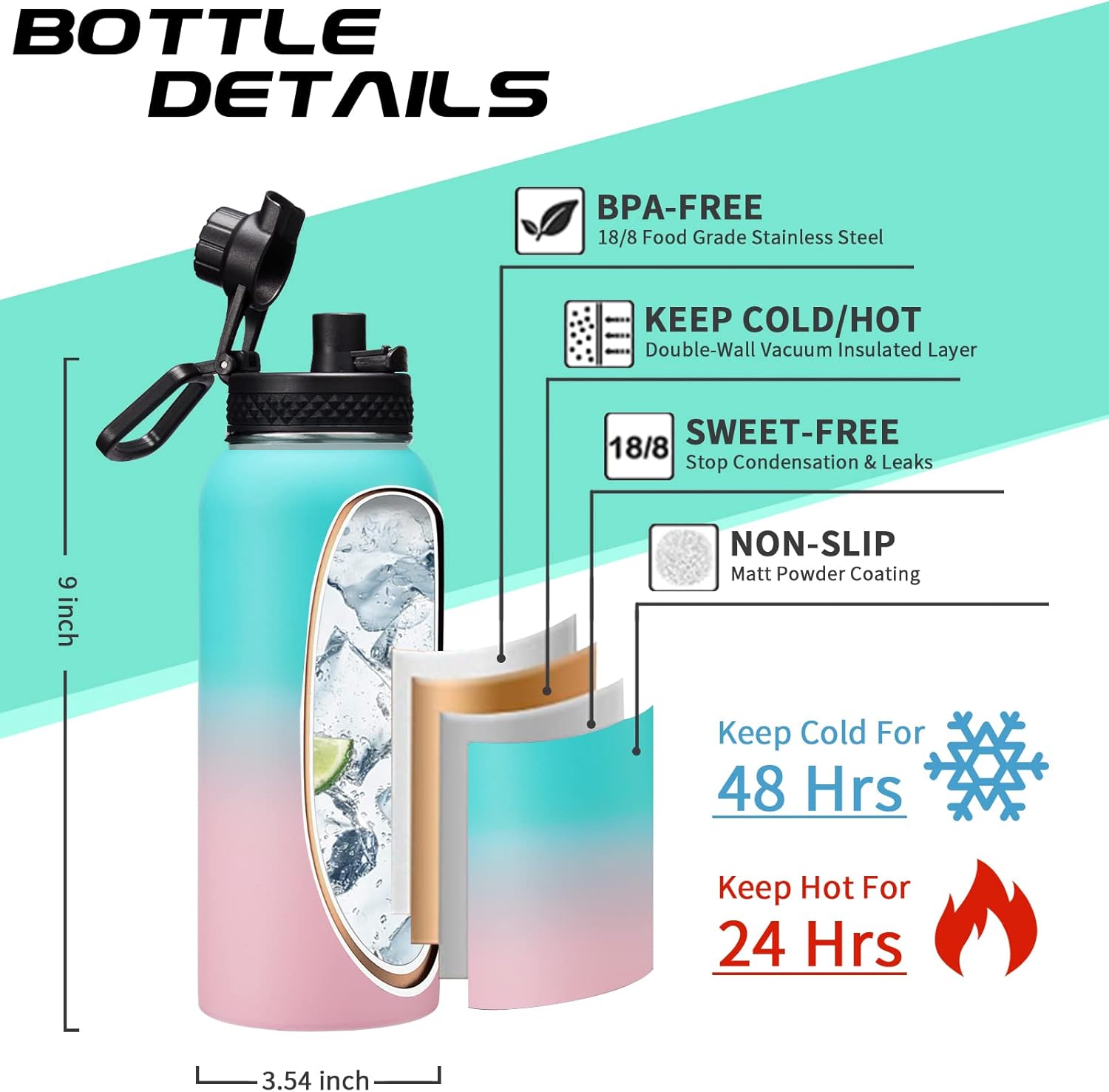 Botella de agua de acero inoxidable de 32 onzas, con mango de paracaídas, tapas de popote y boquilla, funda para botella, termo de metal