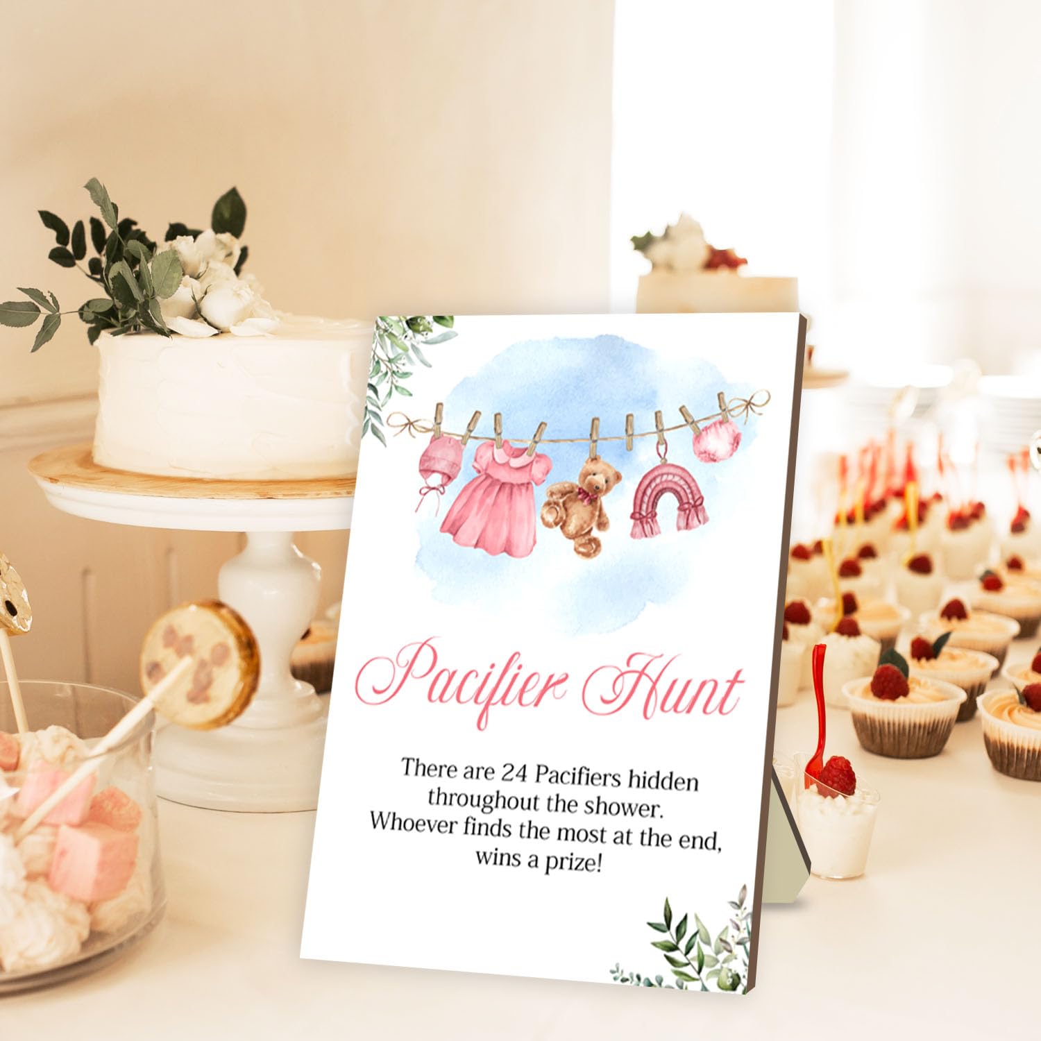 Juegos de baby shower, juego de caza de chupetes, juegos para baby shower o revelación de género, letrero de caza de chupete de madera, 50 chupetes