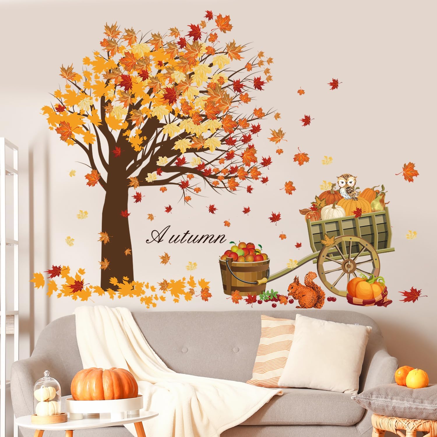 Rajahubri Calcomanía de pared de otoño de Acción de Gracias, hojas de arce, calcomanías de pared de calabazas de cosecha de otoño, lindos animales,