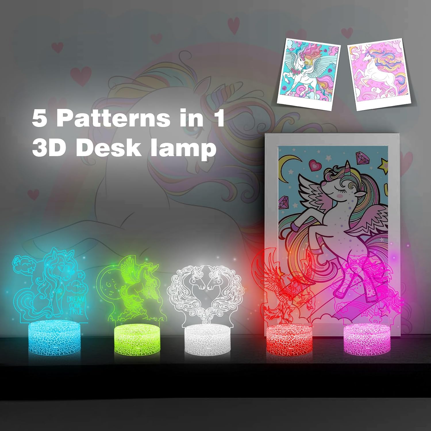 Shellvcase 5 piezas de regalo de unicornio para niñas, juego de luz nocturna de unicornio 5 en 1, lámpara de unicornio 3D con control remoto, 16