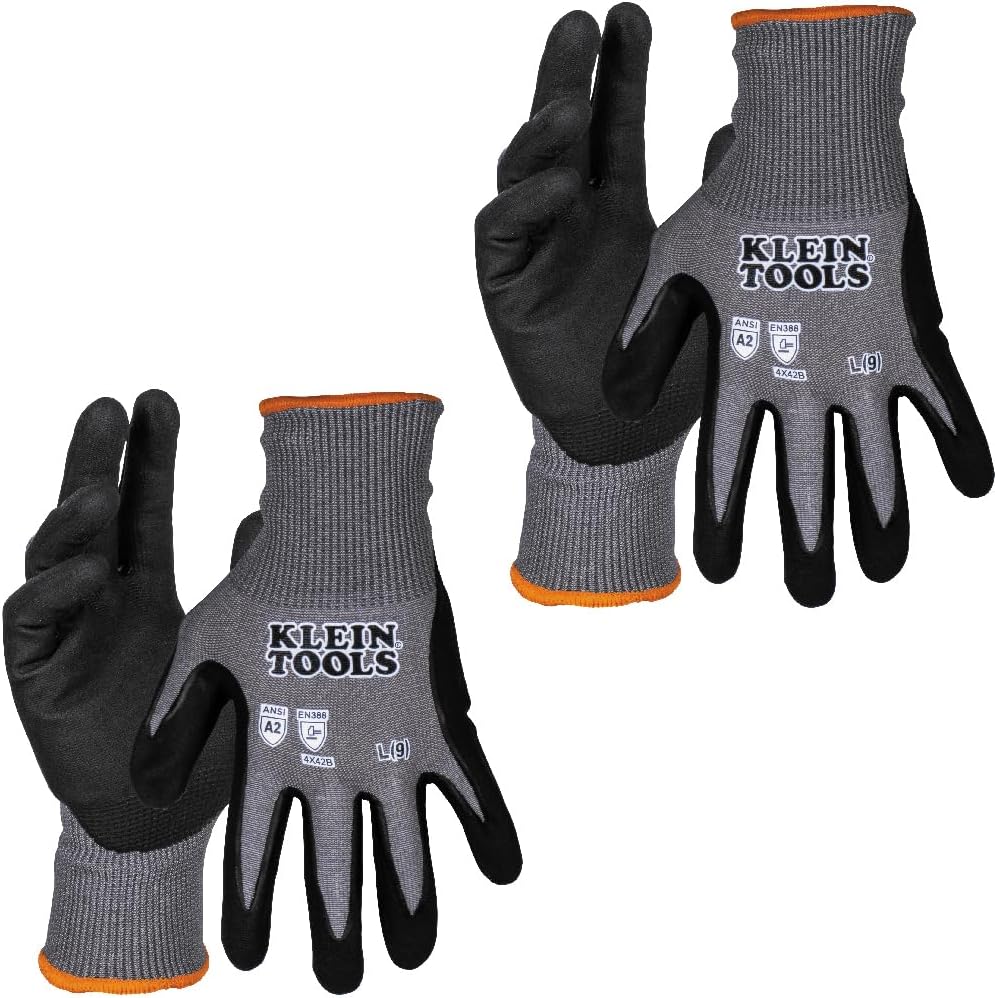 Klein Tools – Guantes de trabajo, guantes de punto resistentes a cortes ANSI A2 recubiertos de nitrilo, tela HPPE, aptos para pantalla táctil