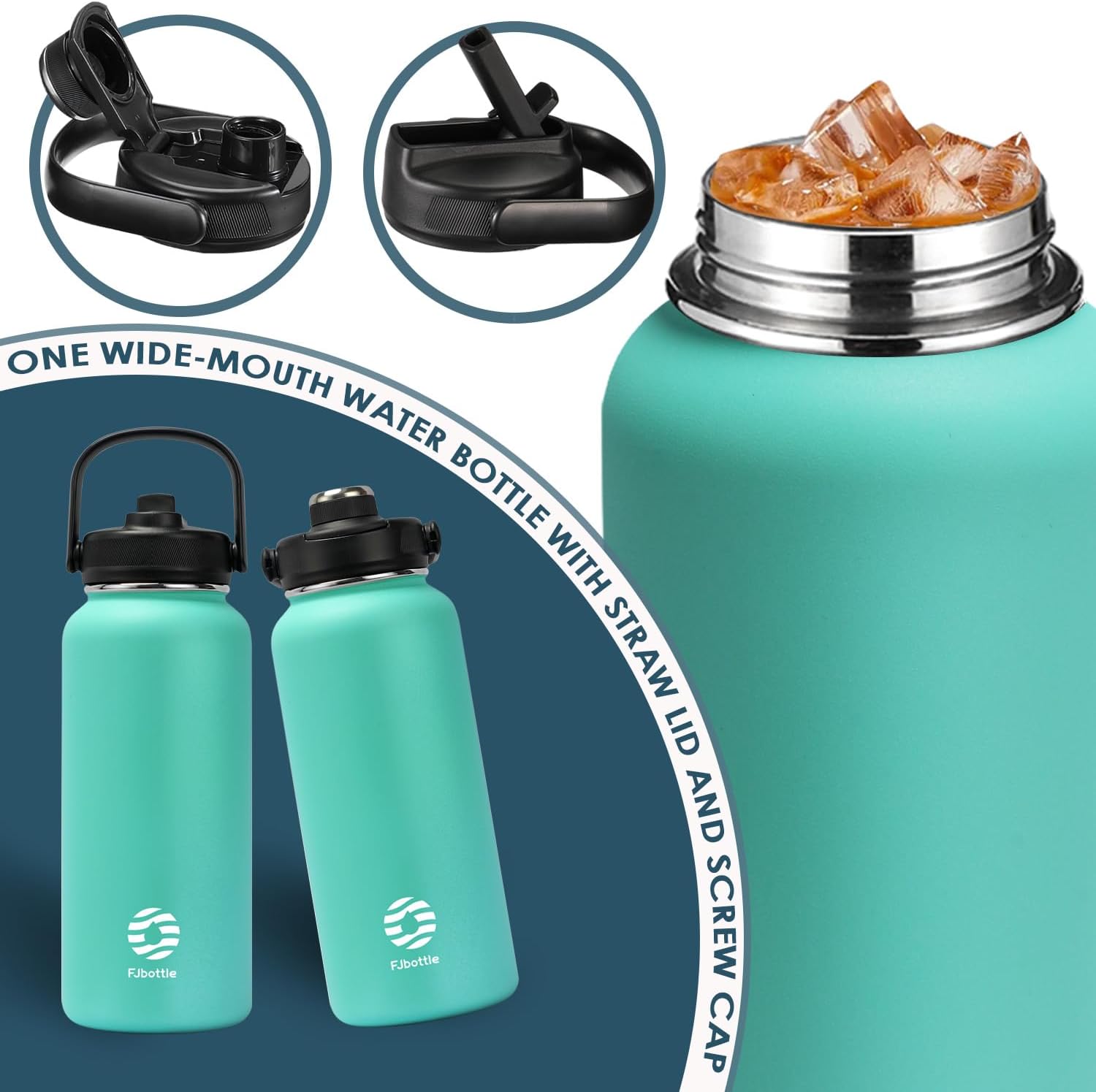 Botellas de agua aisladas de acero inoxidable de 32 onzas con tapa de boquilla y tapas de pajilla, botella de agua deportiva, doble pared a prueba