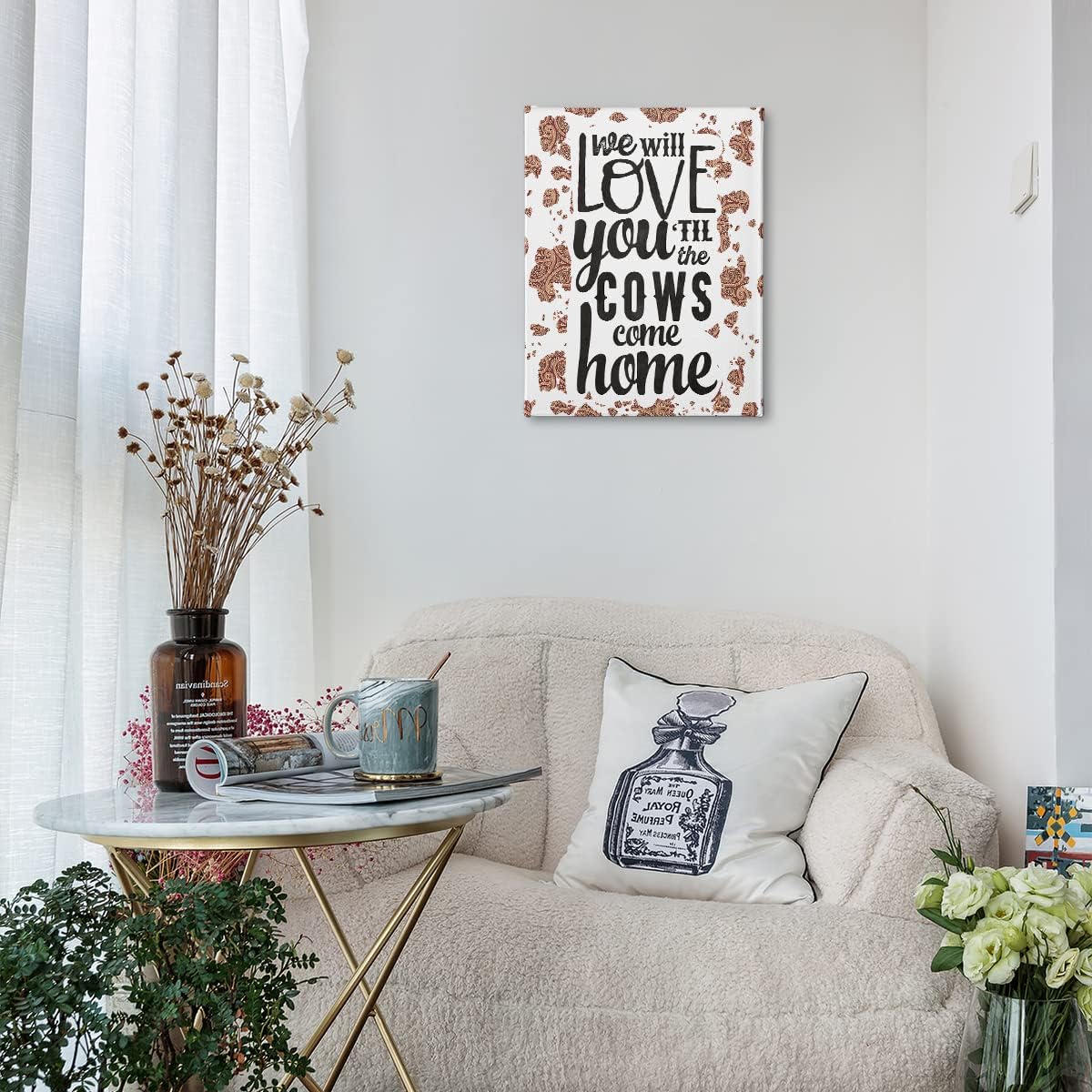 PHAMTE We Will Love You ‘Til The Cows Come Home – Póster de cuero de vaca bohemio occidental marrón y negro, lienzo enmarcado para decoración del