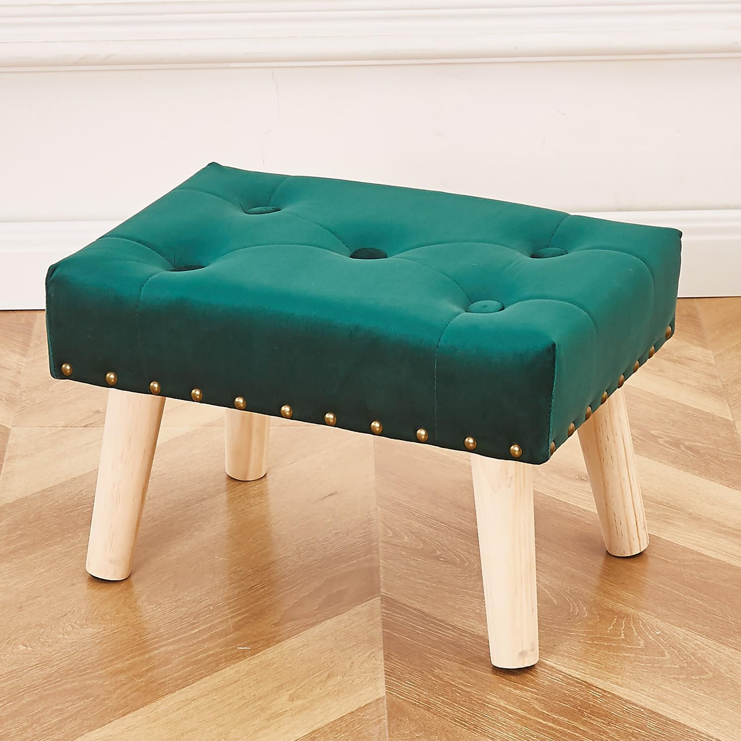 Cpintltr Reposapiés pequeño otomano, otomano suave remachado de terciopelo con patas de madera, sofá reposapiés adicional para sala de estar,