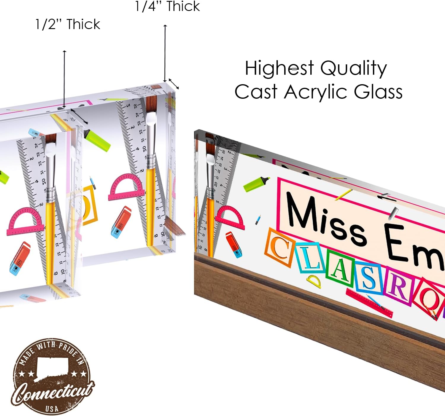 Artblox Placa de identificación personalizada de oficina para escritorio con tarjetero en vidrio acrílico transparente, diseño de maestro de