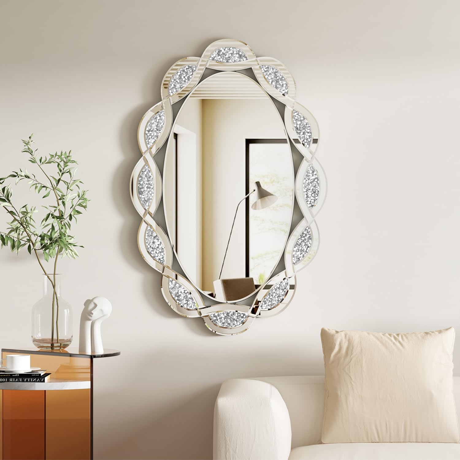GOAND Espejo decorativo de cristal de 23.6 x 35.4 pulgadas, hermoso espejo plateado de diamante aplastado para decoración de pared dormitorio, baño,