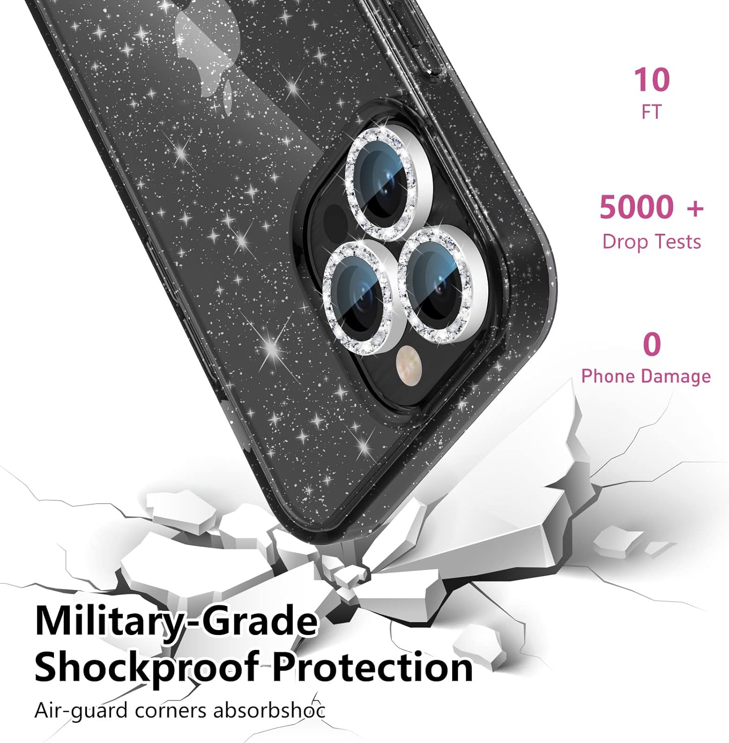 Diseño de funda con purpurina para iPhone 14 Pro con 2 unidades protector de pantalla y paquete de 3 protector de lente de cámara, funda de
