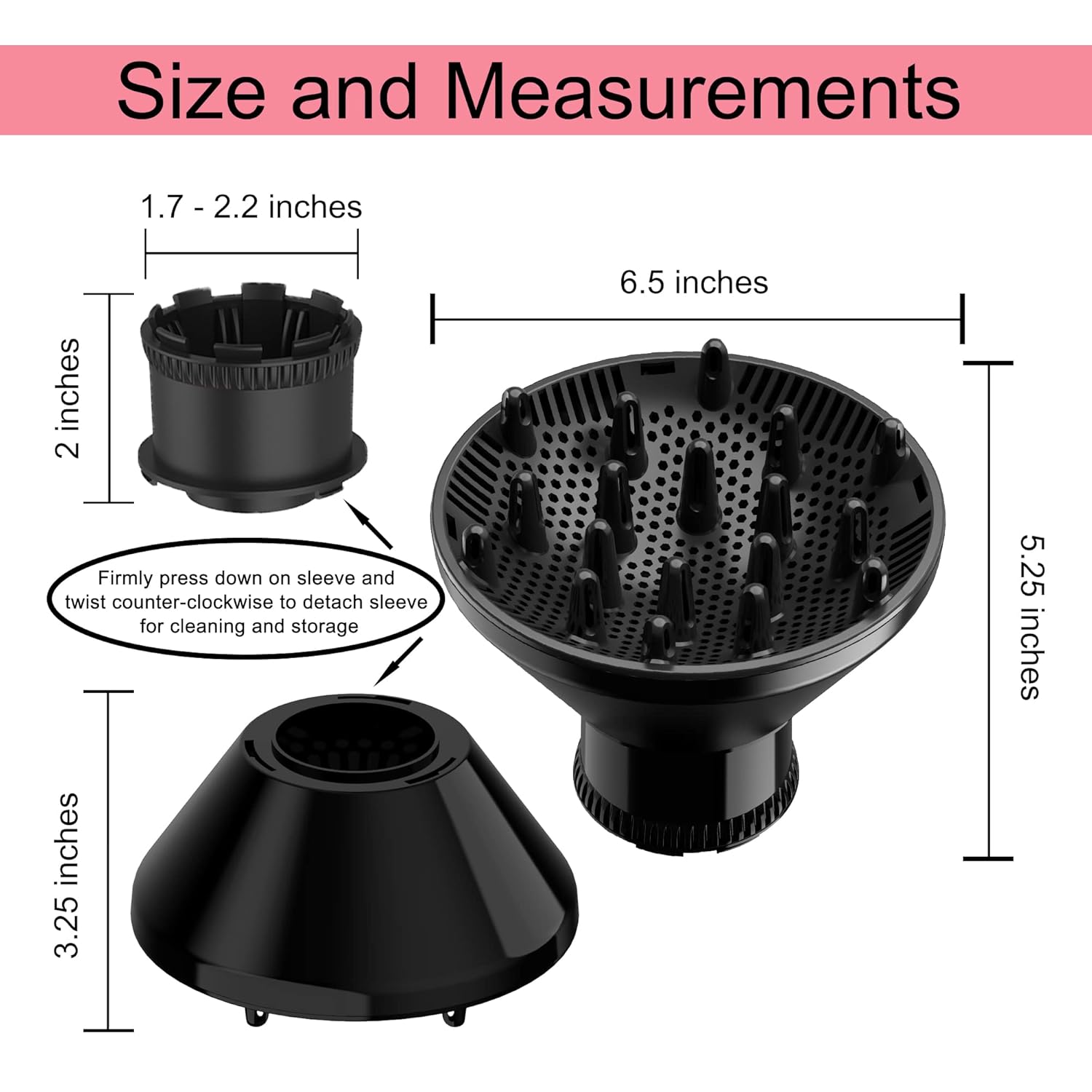 Difusor universal de pelo adaptable para secador de pelo para boquillas de secador de pelo de 1.7 a 2.2 pulgadas de diámetro (negro)