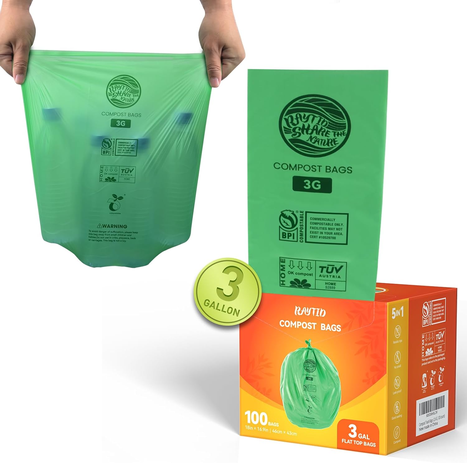 Bolsas de basura compostables, 3 galones, bolsas de abono para contenedor de encimera, bolsas de basura pequeñas para cocina, bolsas de basura de